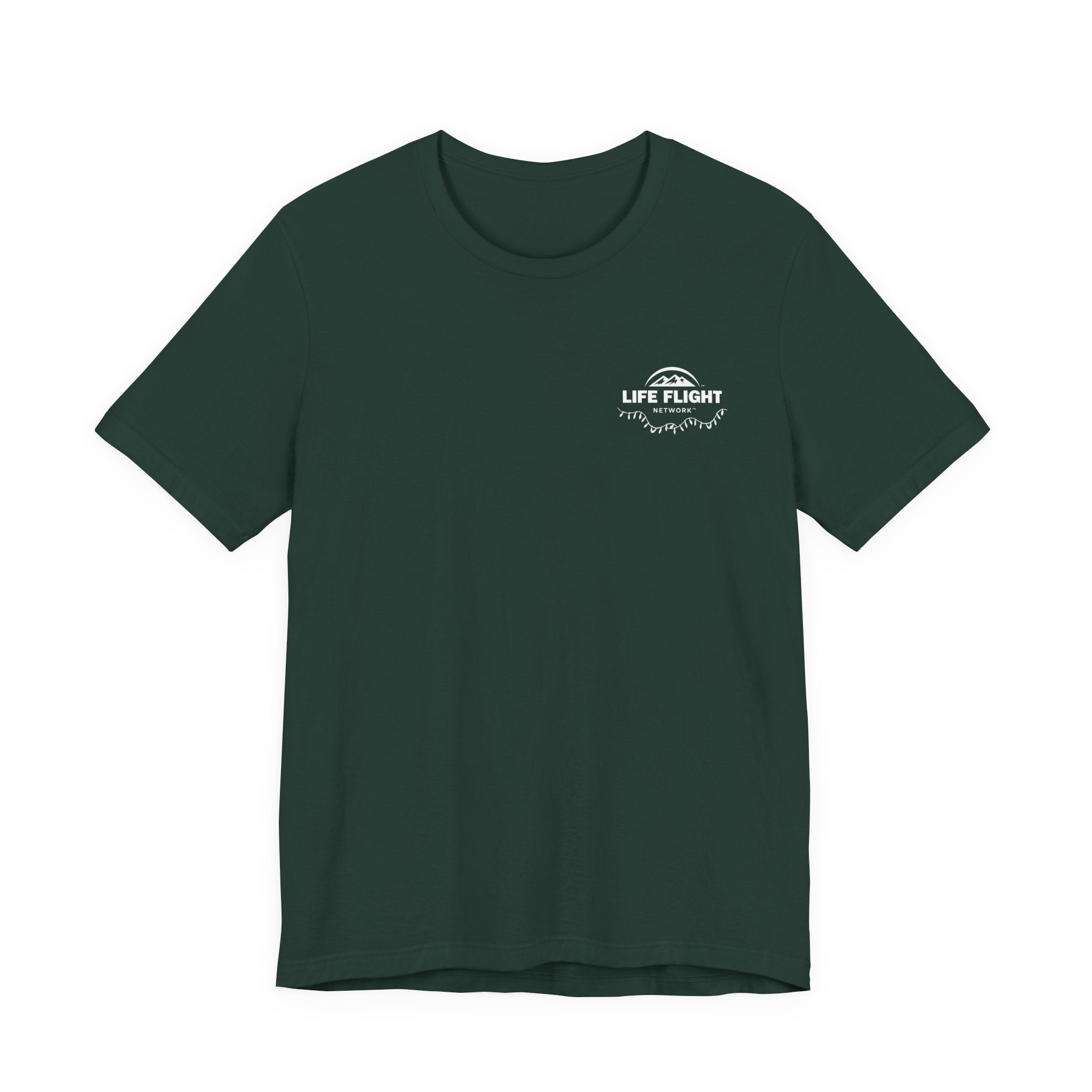 Green  t-shirt with a Life Flight logo with Christmas lights on the chest by Rotor Wash & Wear