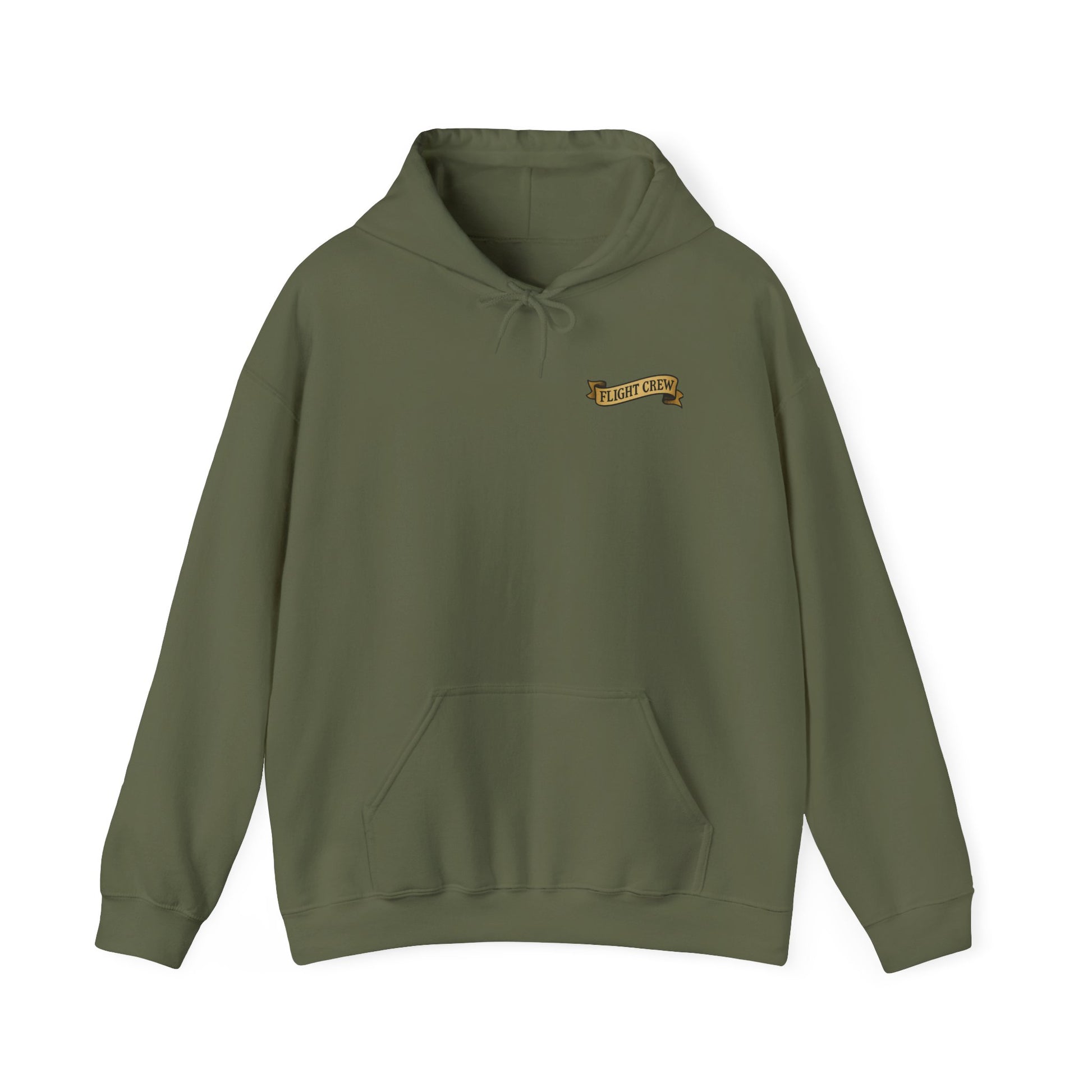 Green hoodie with a small ribbon on the chest with the text "flight crew" against a white background