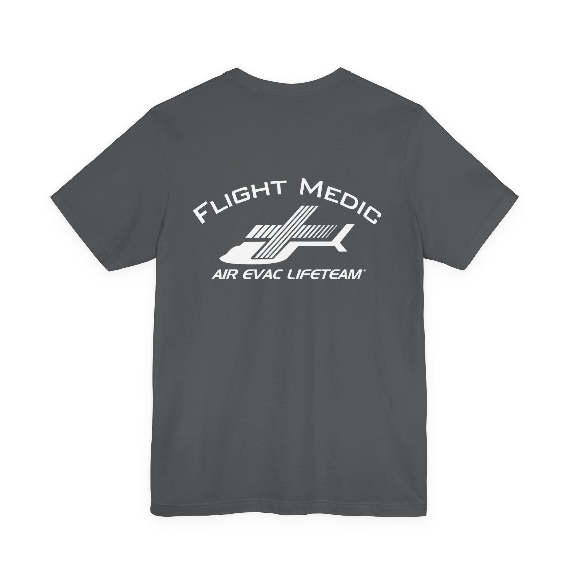 Gray t-shirt with 'Flight Medic" text and Air Evac Lifeteam' logo on the back by Rotor Wash & Wear