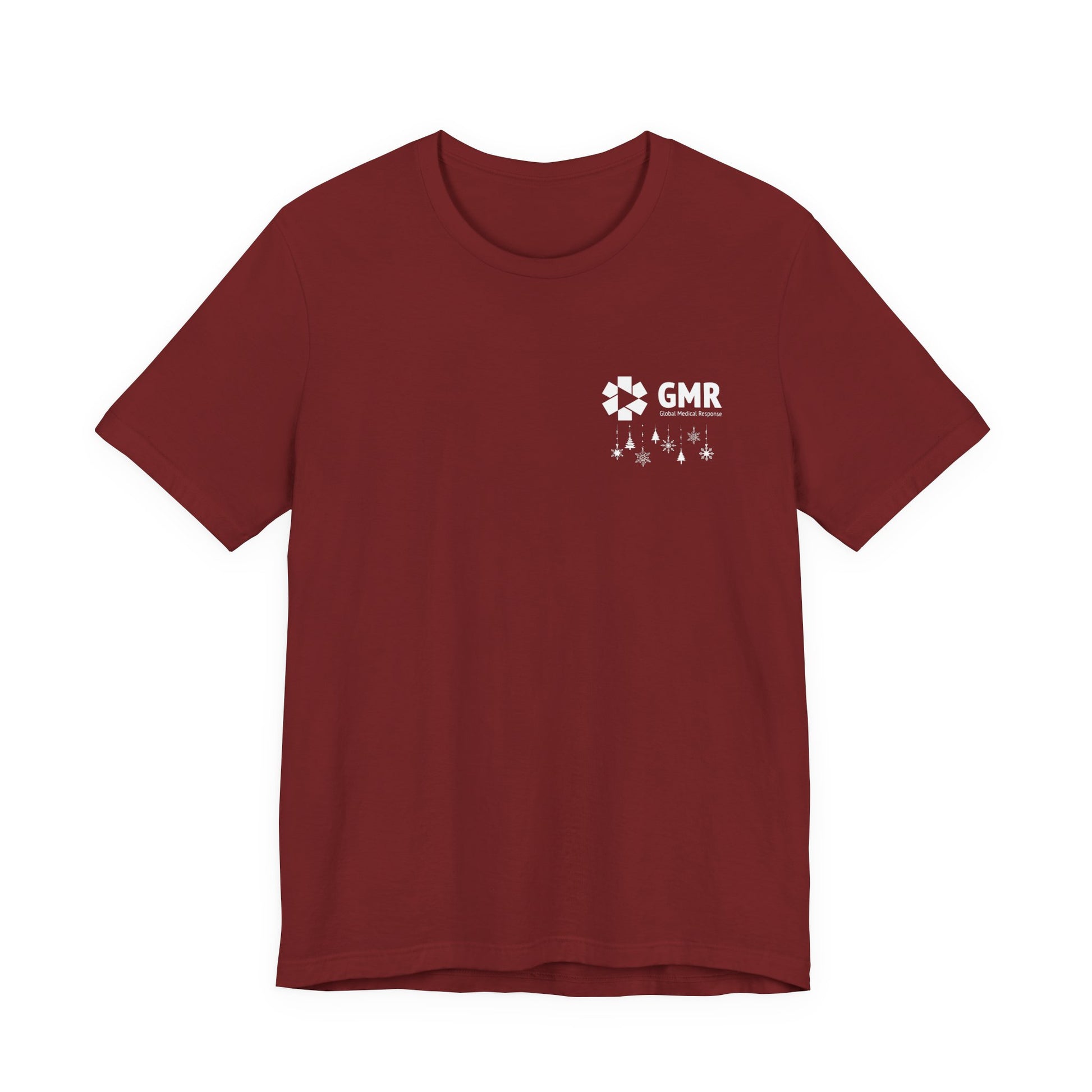 Maroon t-shirt with GMR logo and Christmas ornaments by Rotor Wash & Wear