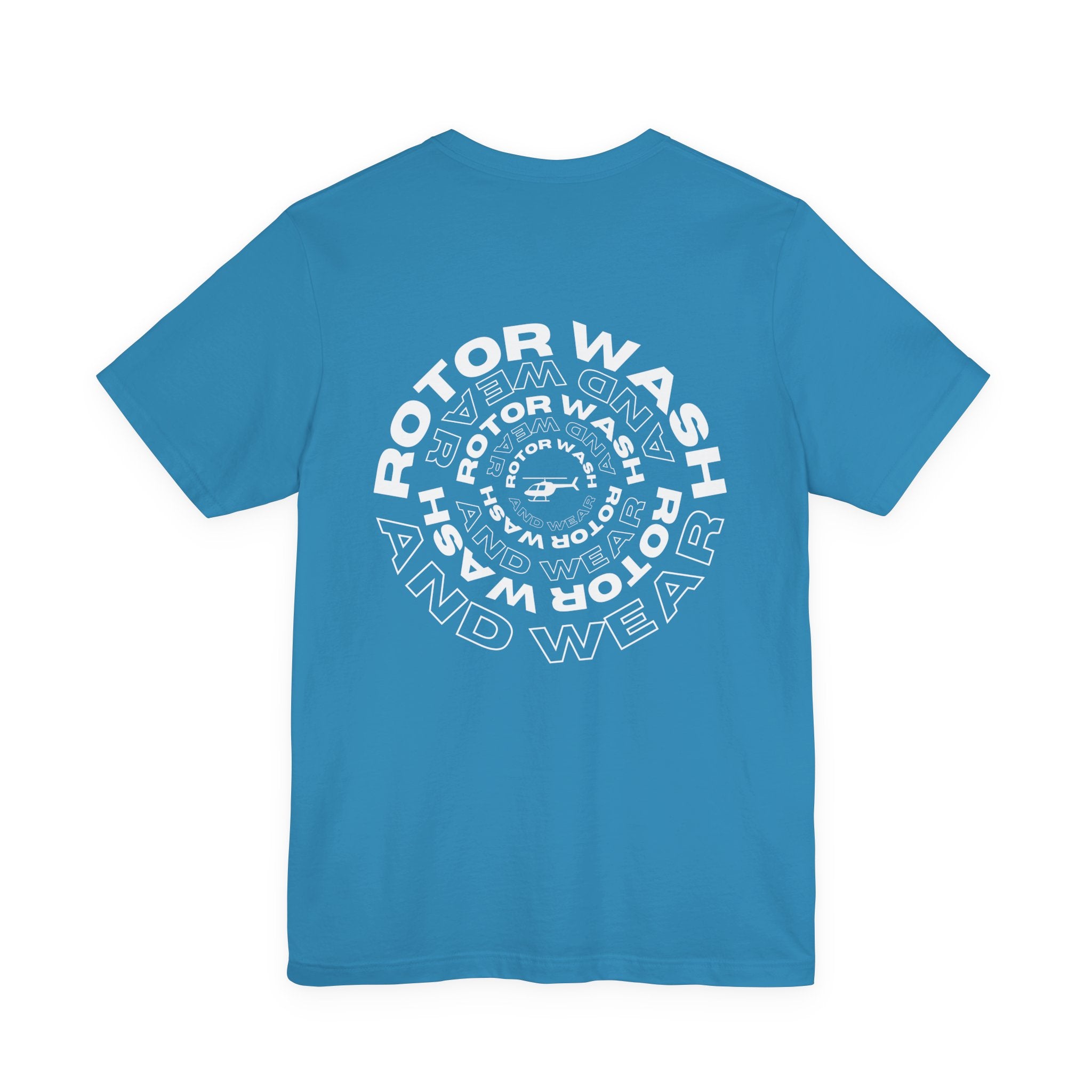 Turquoise t-shirt with 'Rotor Wash and Wear' circular design text design on a white background