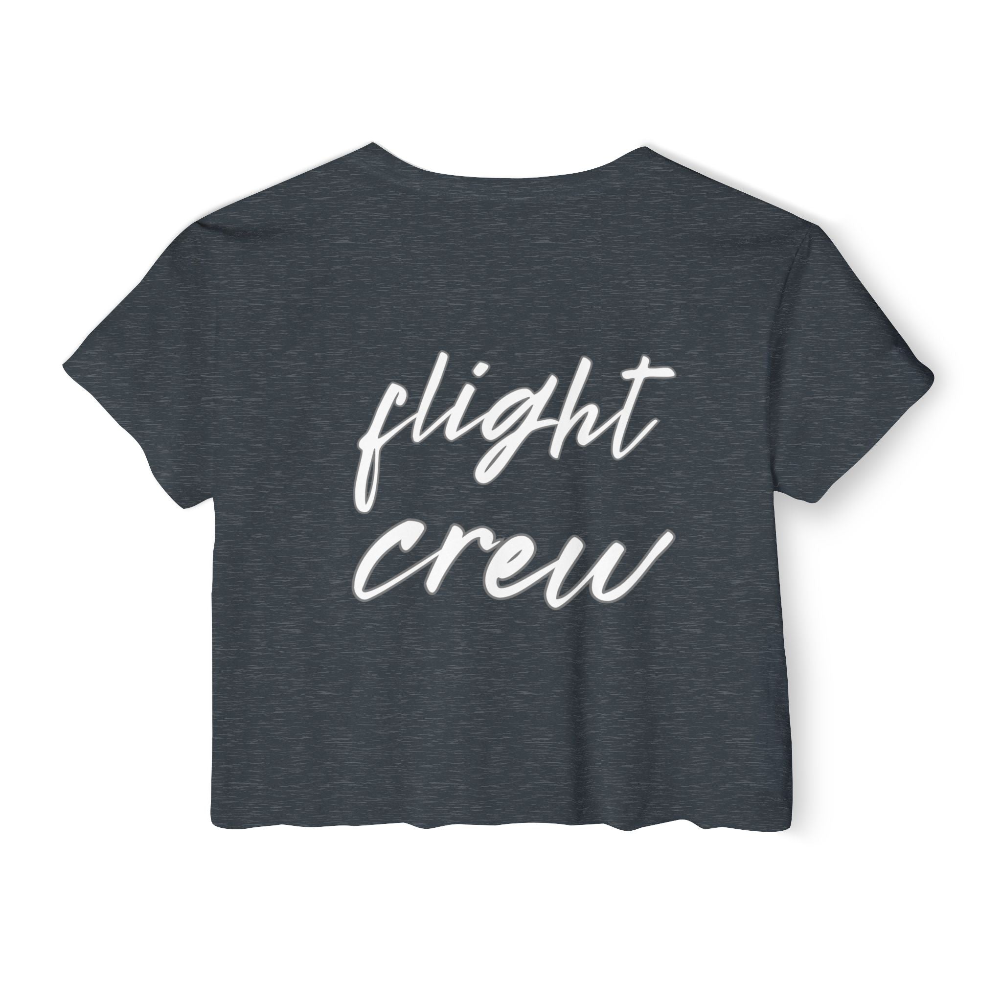 Dark gray crop top with 'flight crew' text by Rotor Wash & Wear