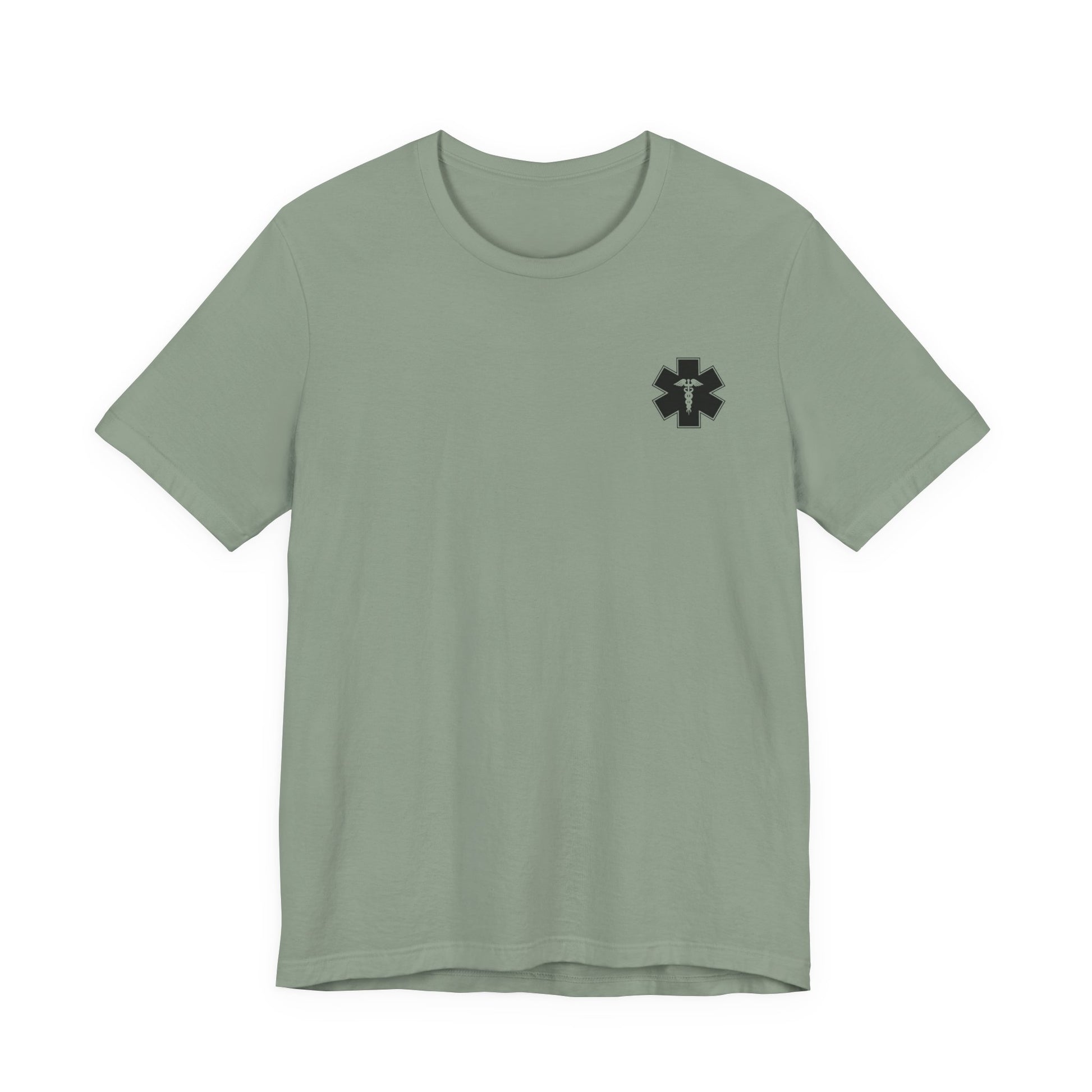 Green t-shirt with a black logo of the Star of Life on a white background