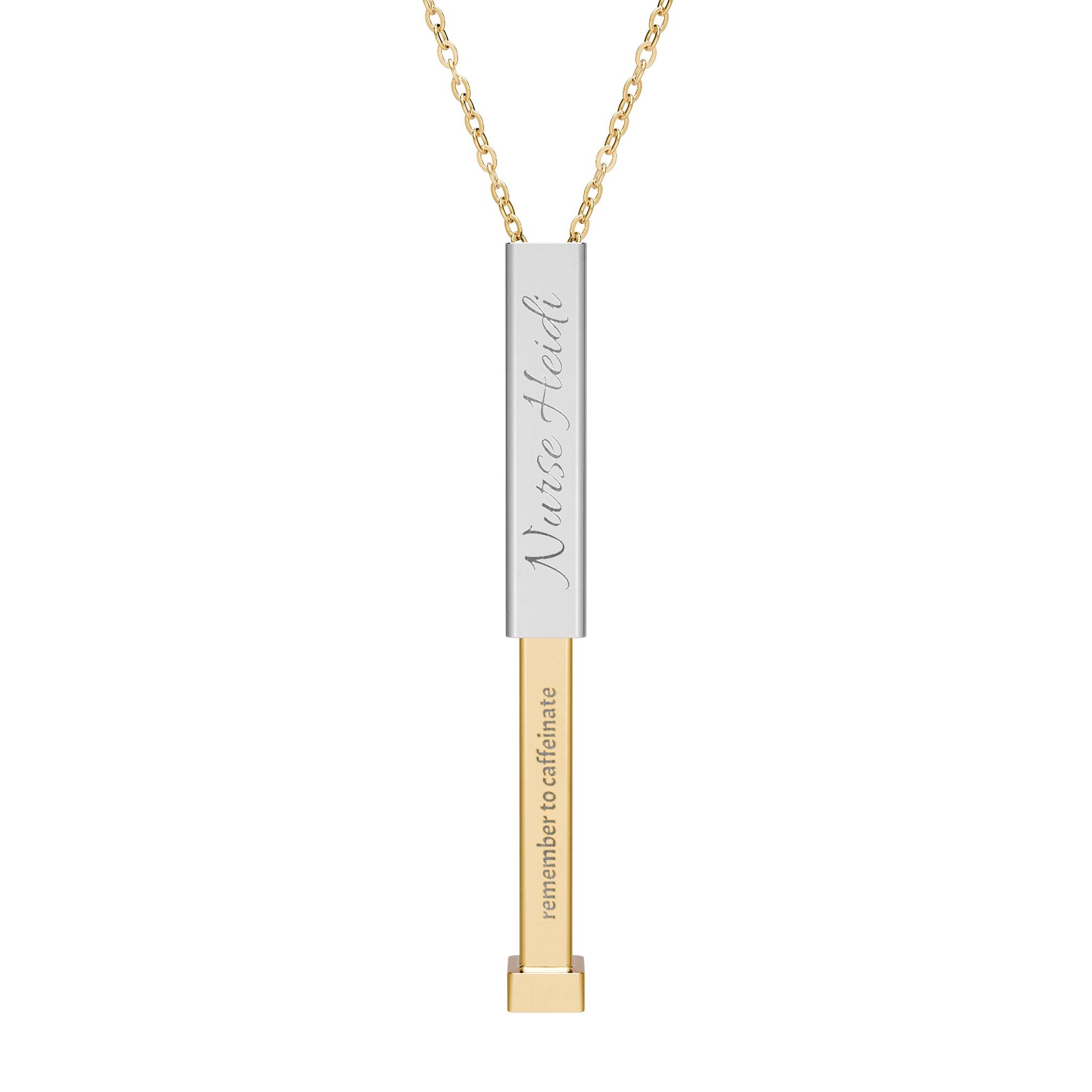 Silver and gold two-toned necklace with a cylindrical pendant customizable outer and hidden interior engraving by Rotor Wash & Wear