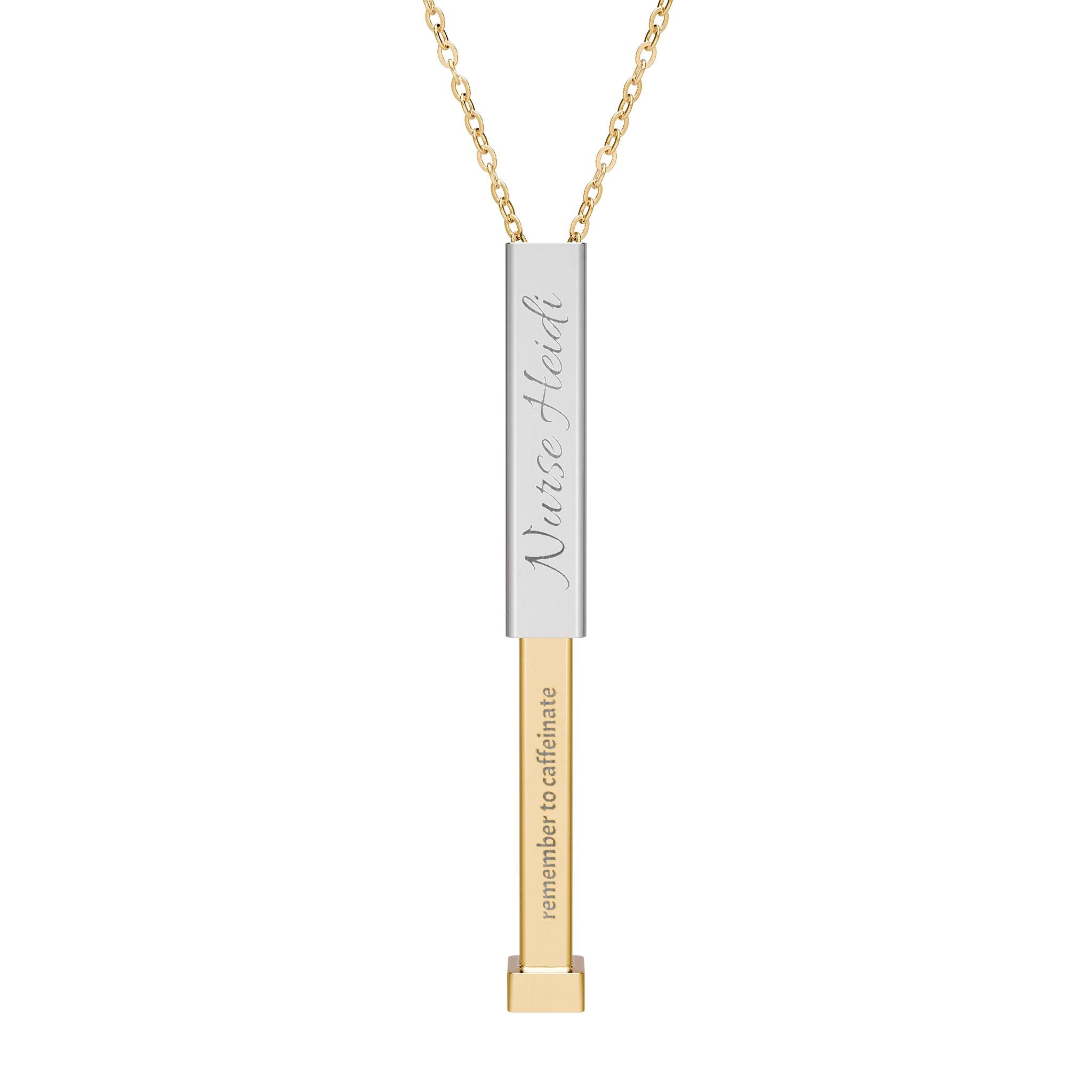 Silver and gold two-toned necklace with a cylindrical pendant customizable outer and hidden interior engraving by Rotor Wash & Wear