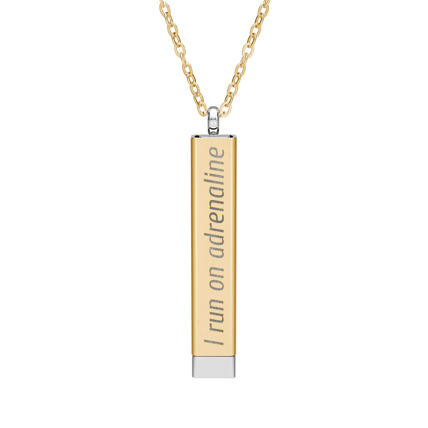 Silver and gold two-toned necklace with a cylindrical pendant engraved with 'I run on adrenaline' with hidden interior engraving "and spite" by Rotor Wash & Wear