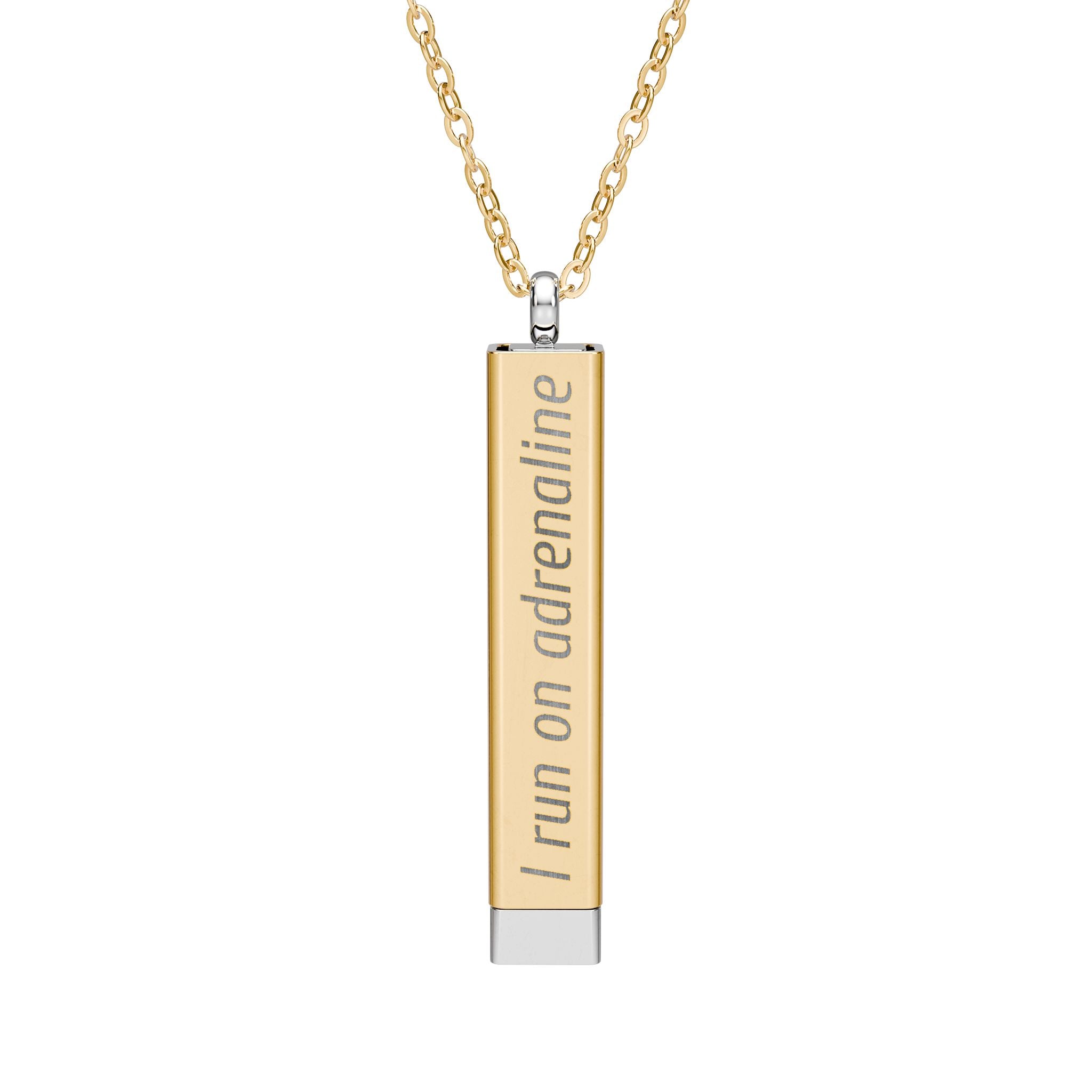 Silver and gold two-toned necklace with a cylindrical pendant engraved with 'I run on adrenaline' with hidden interior engraving "and spite" by Rotor Wash & Wear