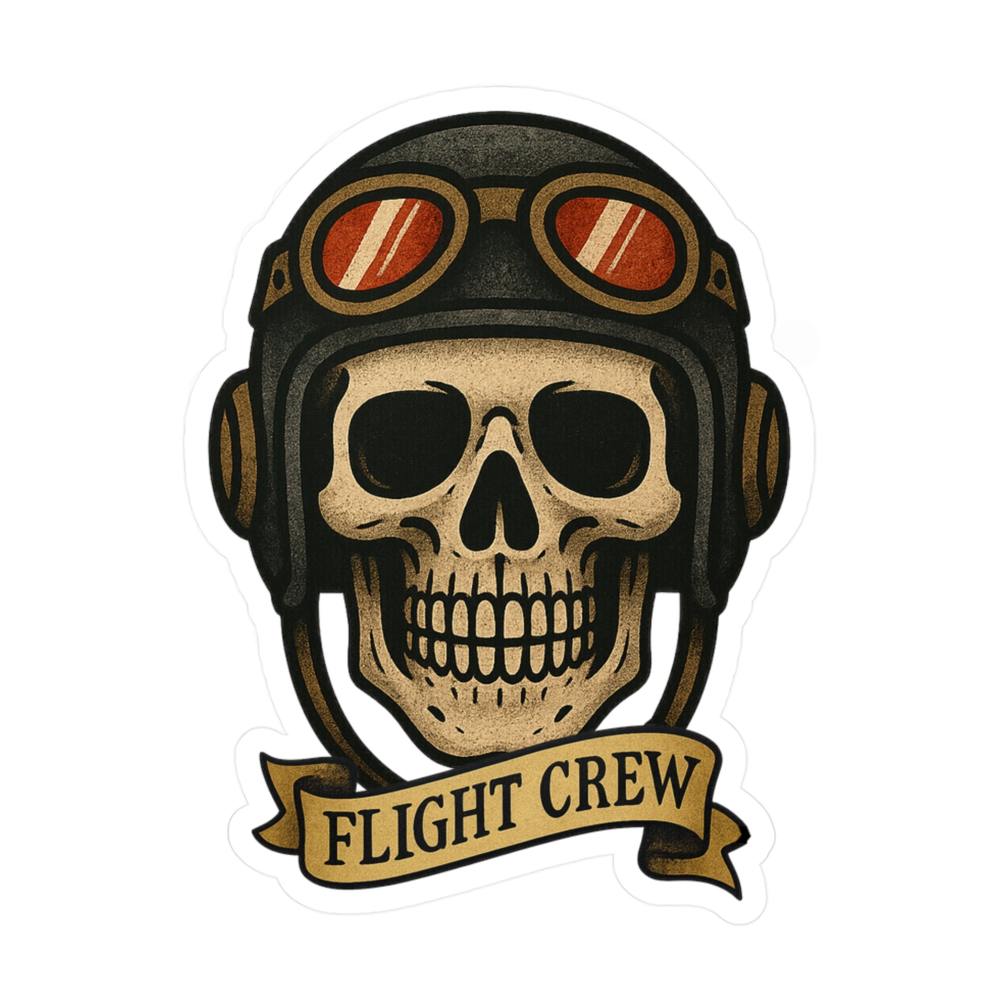 Skull wearing a flight  helmet with goggles and 'FLIGHT CREW' banner on a white background