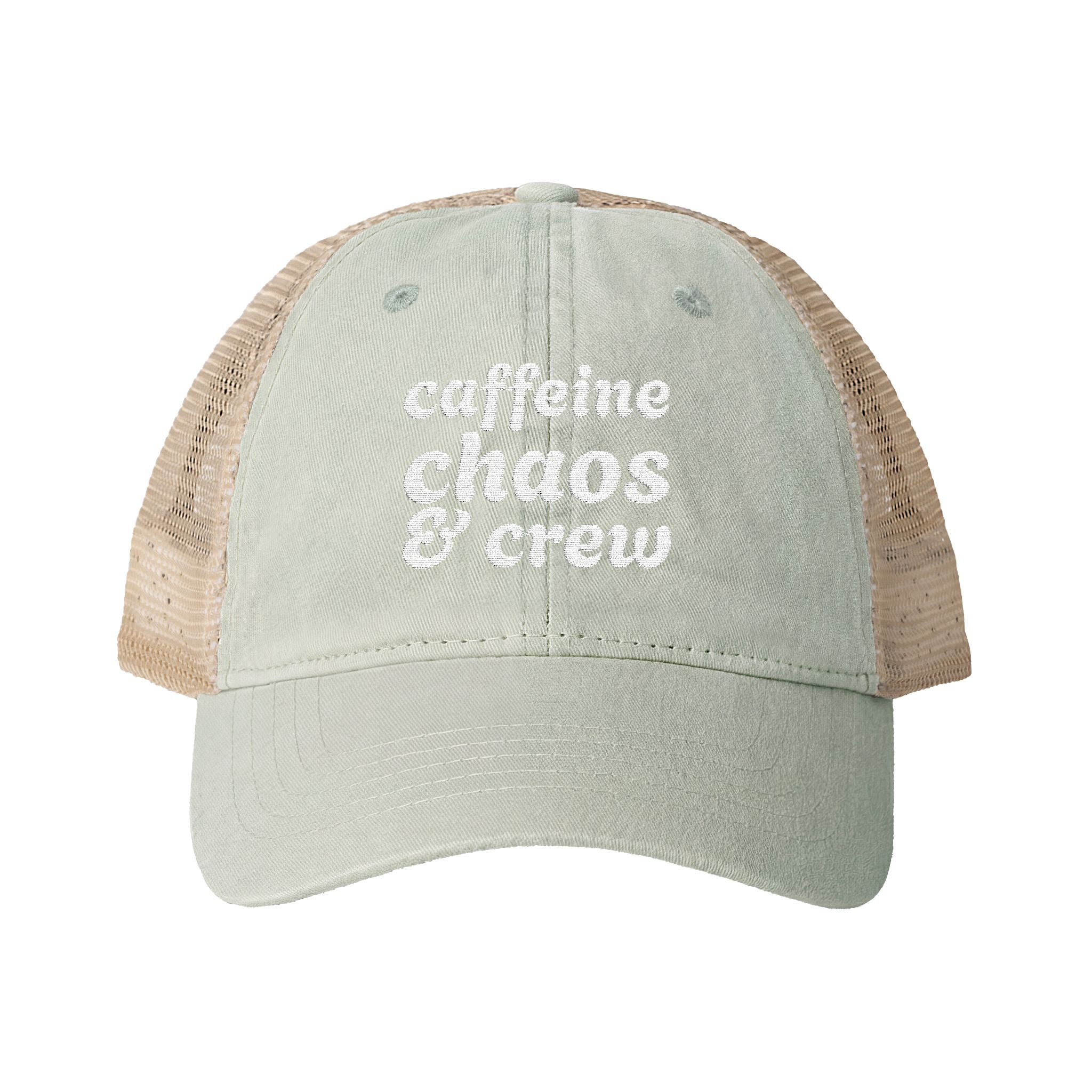 Women's "Caffeine, Chaos & Crew" Embroidered Trucker Hat