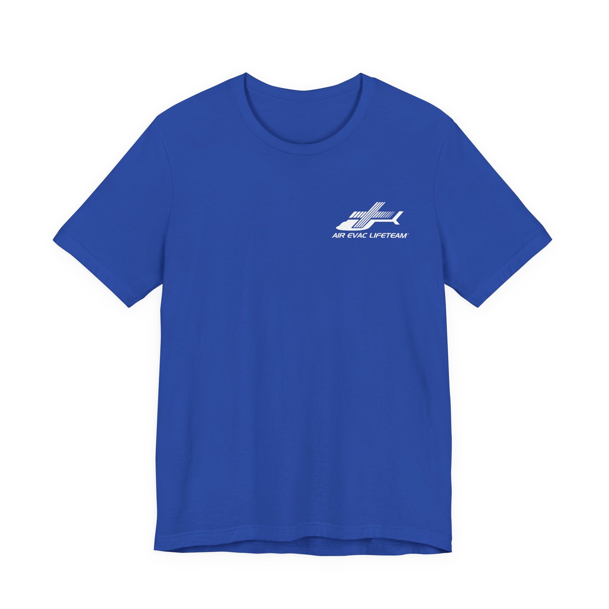 Royral blue t-shirt with a white Air Evac Lifeteam logo on a white background