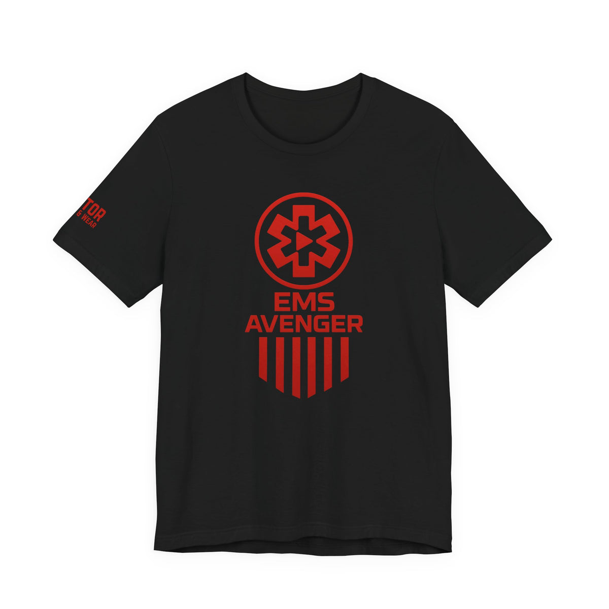 A black short-sleeve crewneck t-shirt featuring a red graphic on the chest with the text 'EMS AVENGER' and a circular medical-style emblem by Rotor Wash & Wear