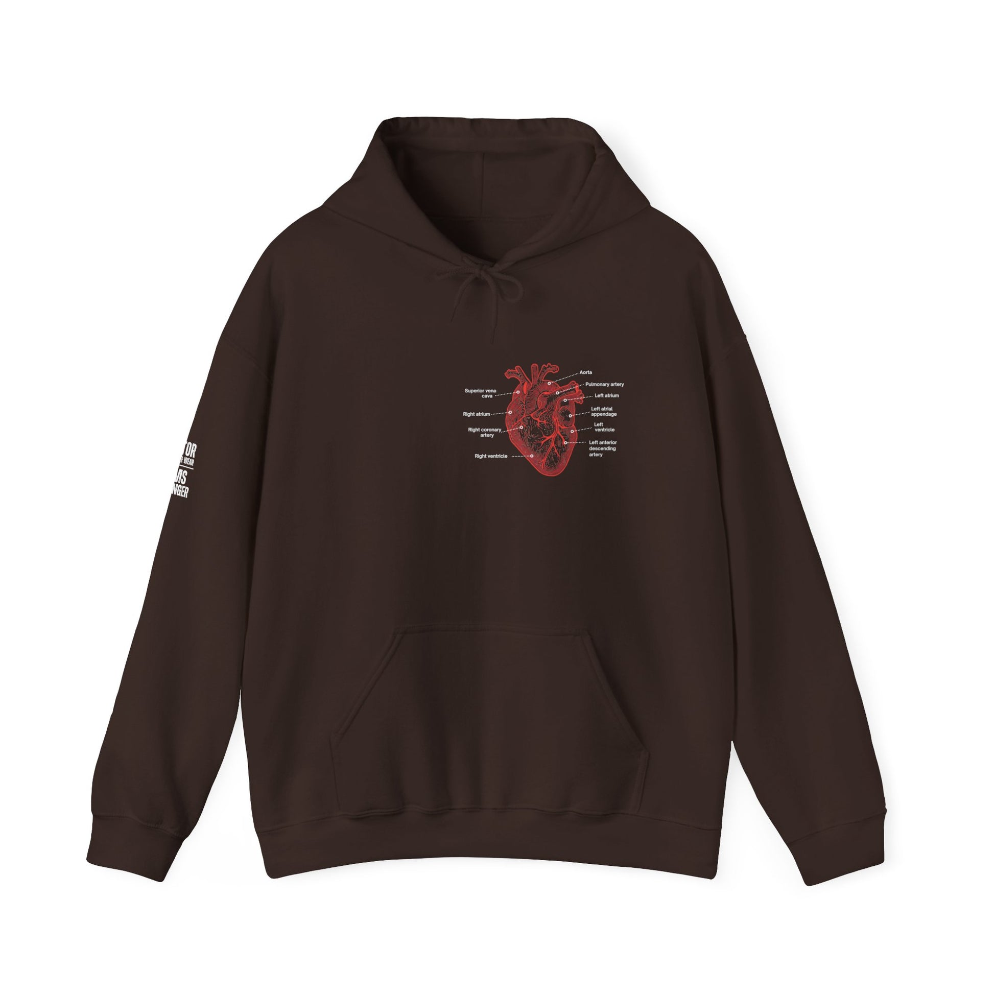 Brown hoodie with a red anatomical with heart with labels by Rotor Wash & Wear and EMS Avenger