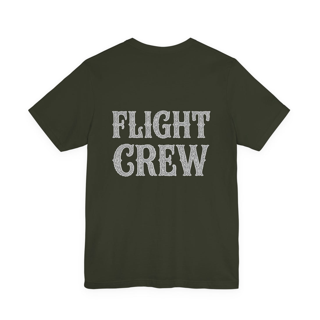Dark olive t-shirt with lacy 'FLIGHT CREW' text on the back against a white background