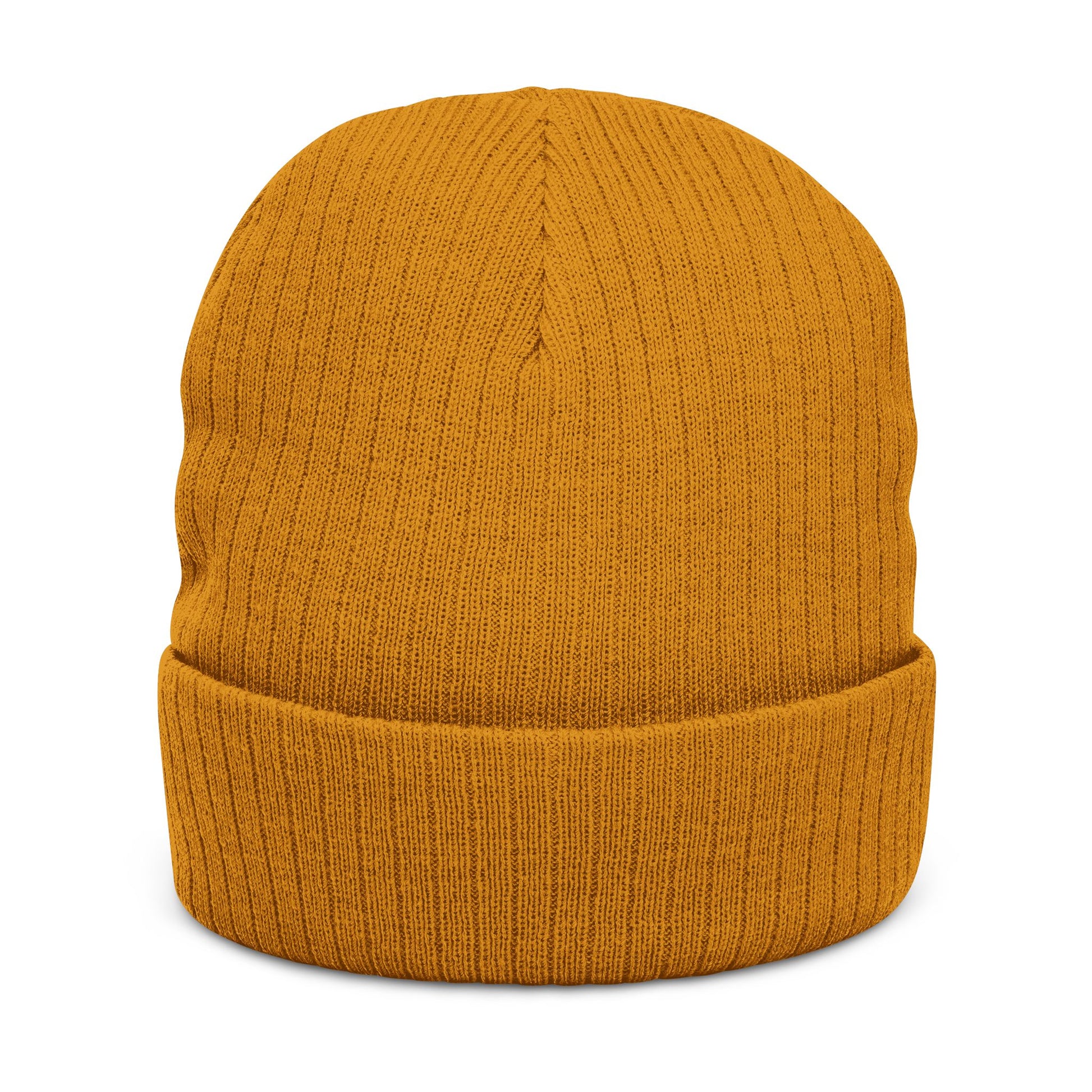 Mustard yellow knit beanie on a white background