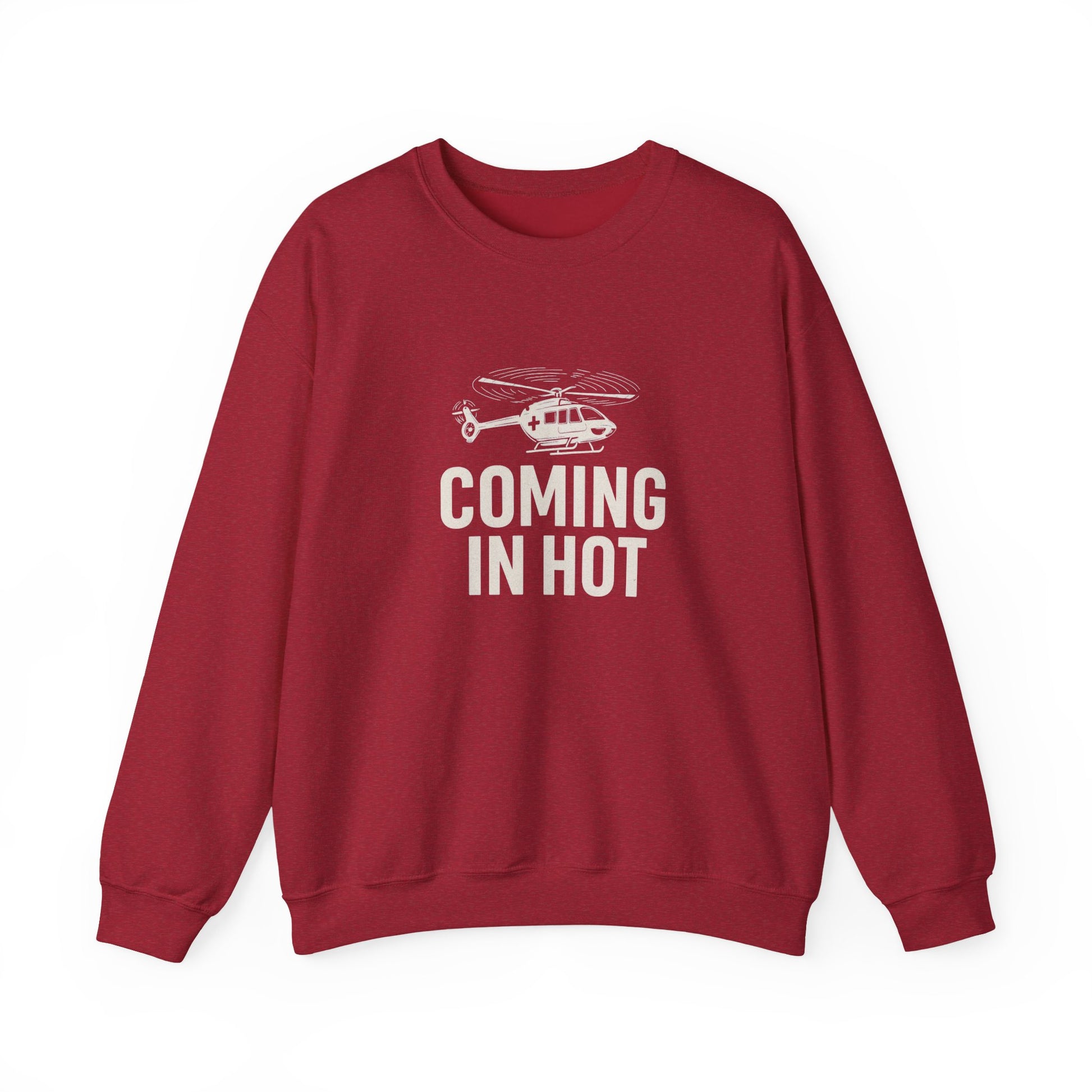 Red sweatshirt with helicopter graphic and text 'COMING IN HOT' by Rotor Wash & Wear