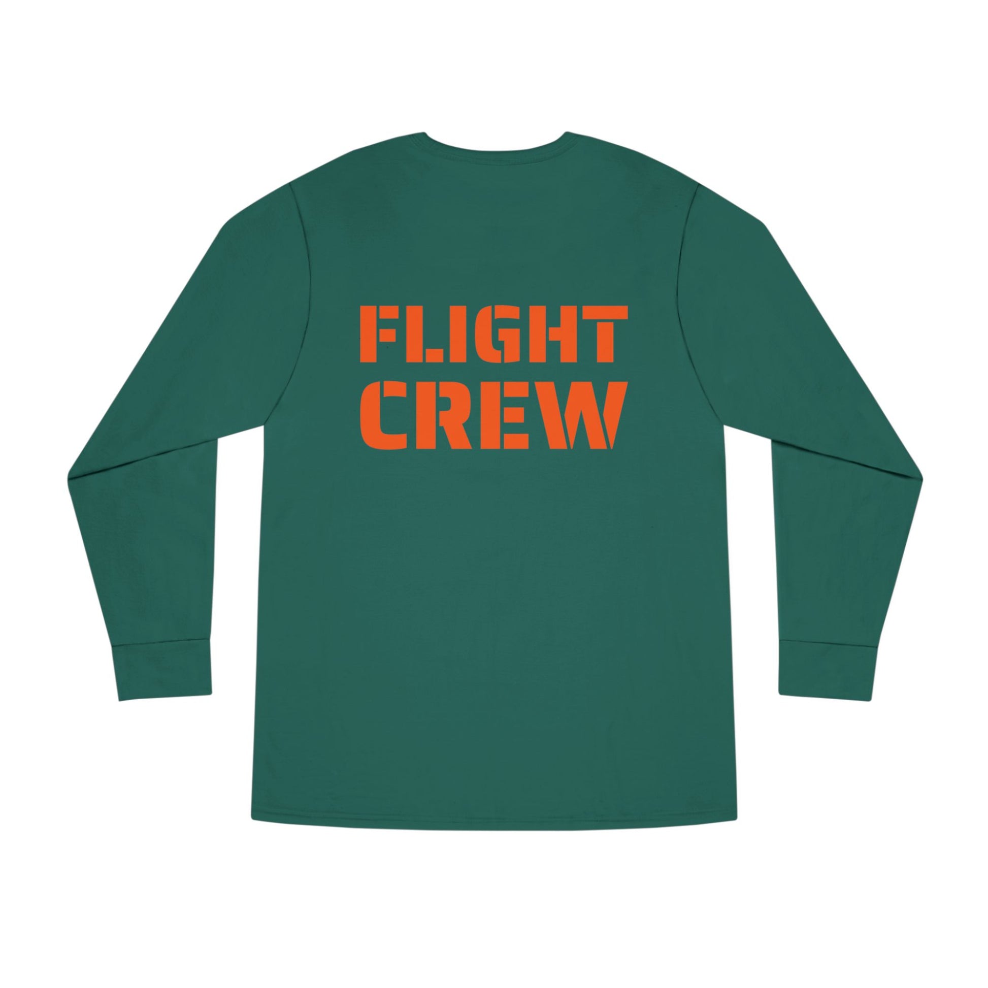 Teal long-sleeve shirt with 'FLIGHT CREW' stencil text by Rotor Wash & Wear