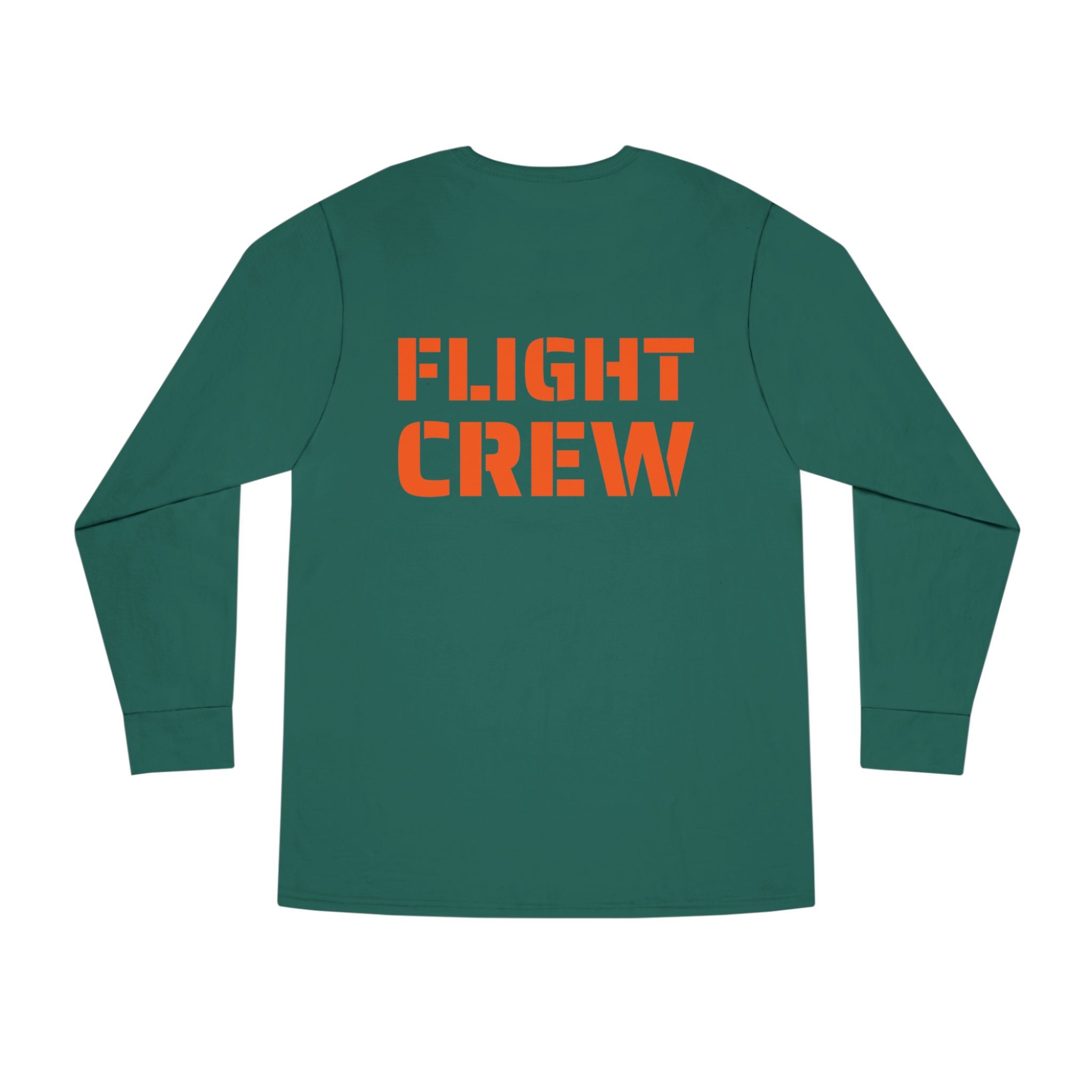 Teal long-sleeve shirt with 'FLIGHT CREW' stencil text by Rotor Wash & Wear