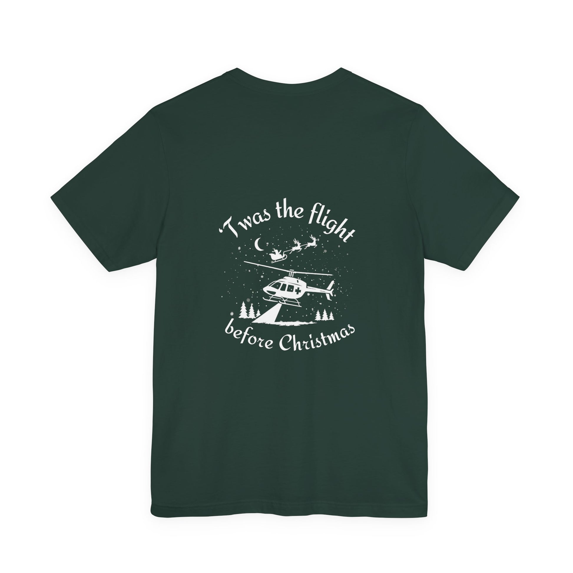 Green t-shirt with white helicopter graphic in the snow with Santa and his sleigh in the background and text "'Twas the flight before Christmas" by Rotor Wash & Wear