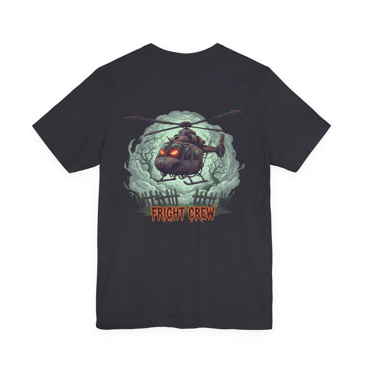 Dark gray Halloween t-shirt with a spooky helicopter in fog graphic and 'Fright Crew' text on a white background