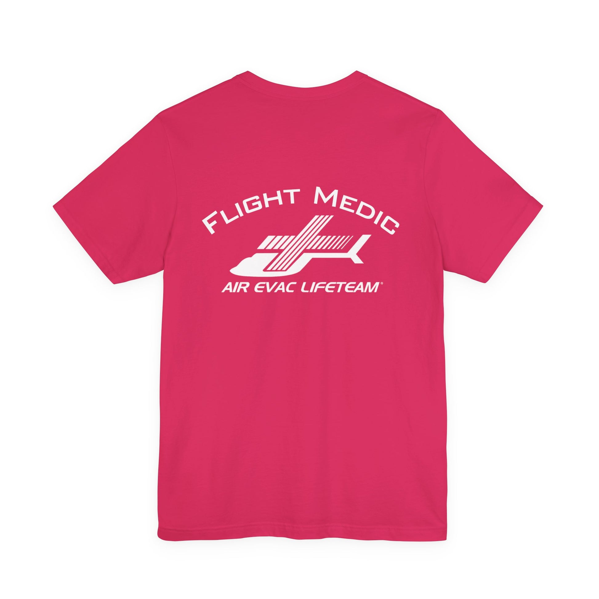 Pink t-shirt with 'Flight Medic" text and Air Evac Lifeteam' logo on the back by Rotor Wash & Wear