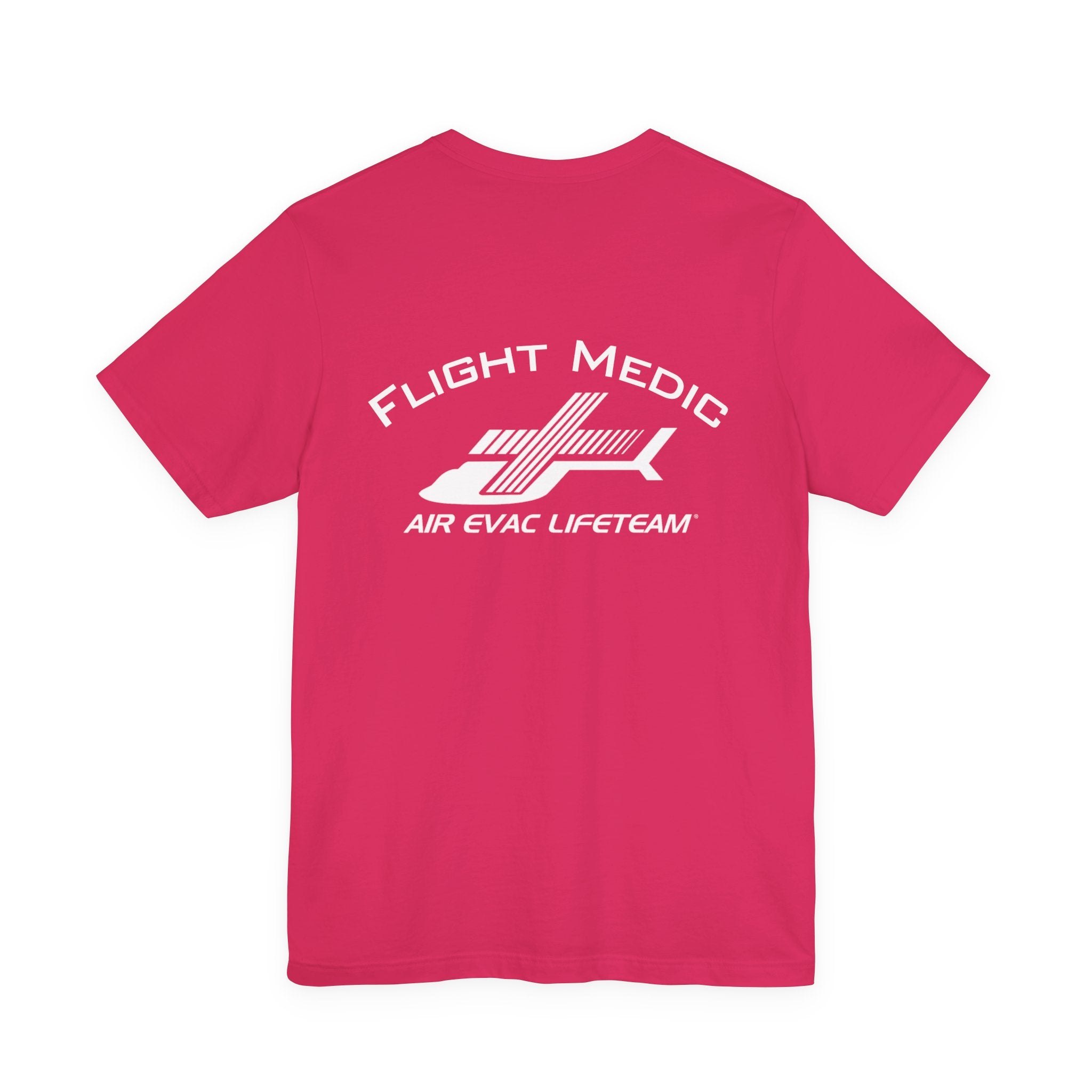 Pink t-shirt with 'Flight Medic" text and Air Evac Lifeteam' logo on the back by Rotor Wash & Wear