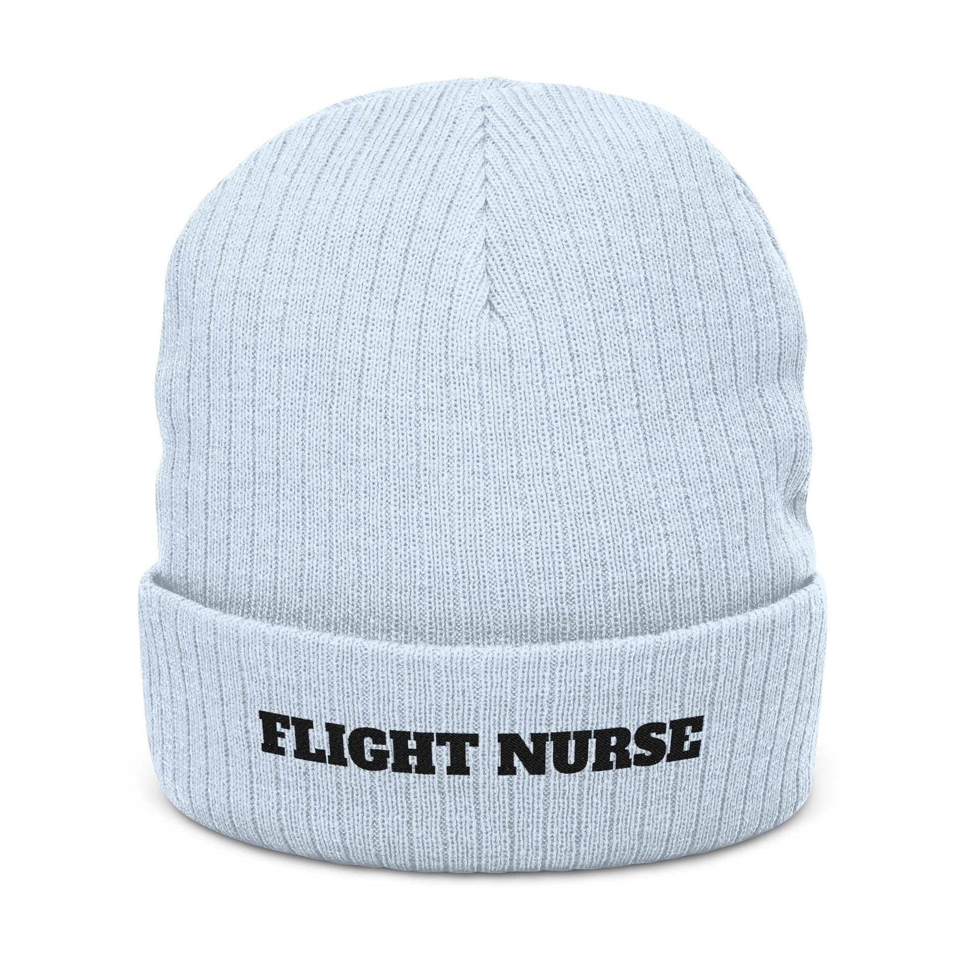 Light blue beanie with 'FLIGHT NURSE' text on a white background