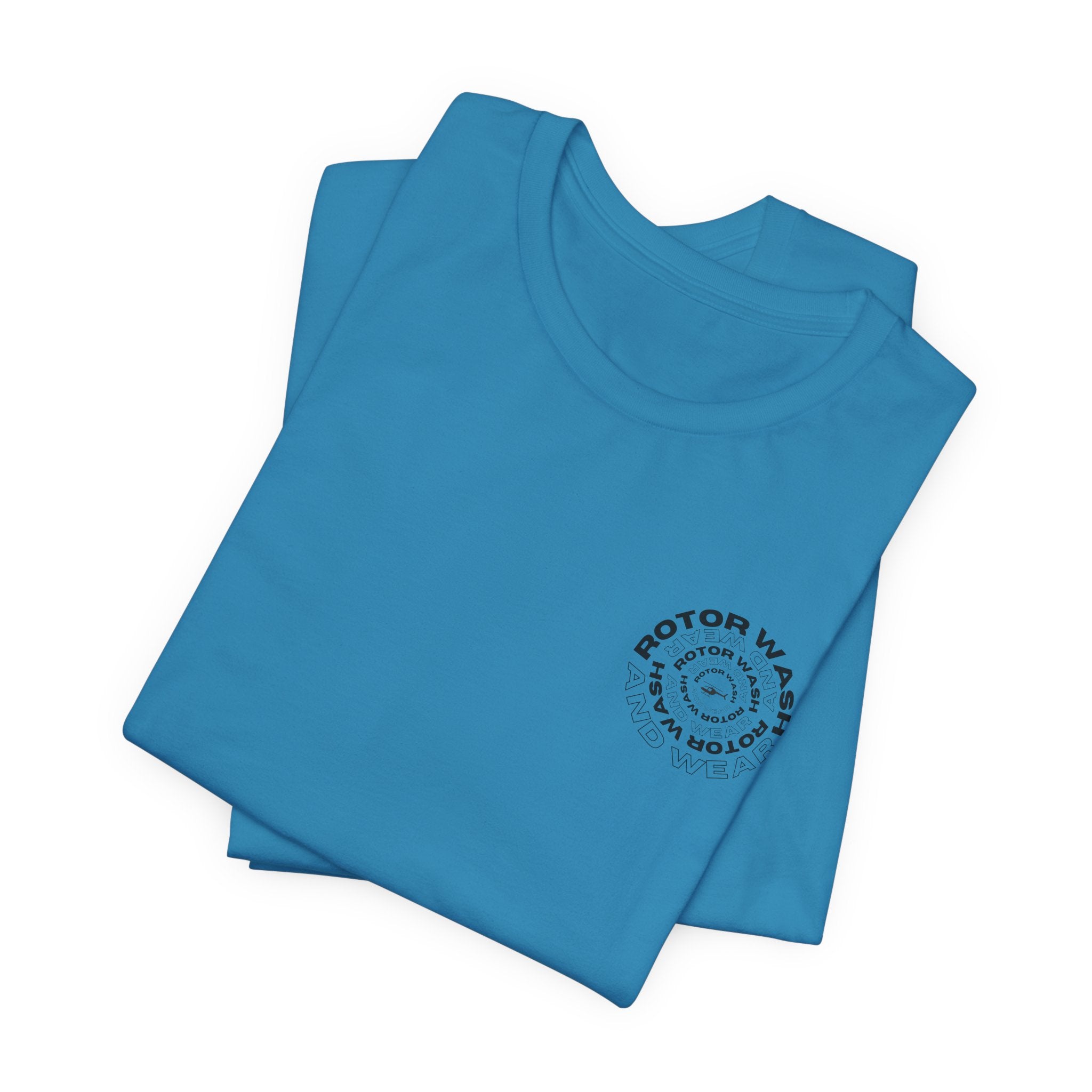 Folded turquoise t-shirt with 'Rotor Wash and Wear' circular design text design on the left chest on a white background