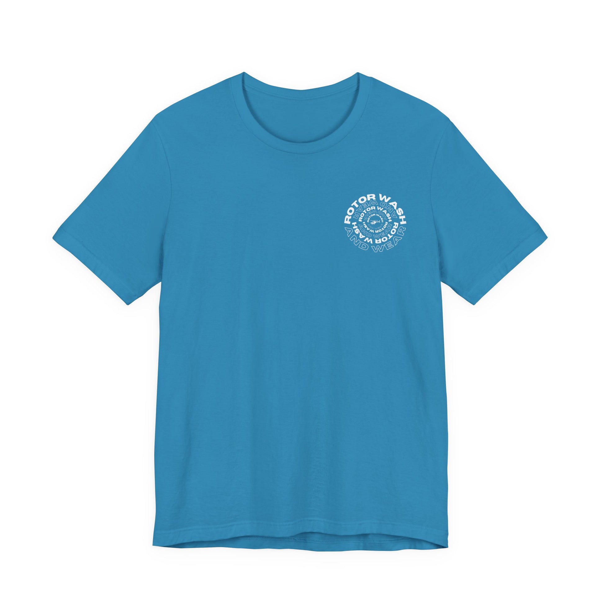 Turquoise t-shirt with 'Rotor Wash and Wear' circular design text design on the left chest on a white background