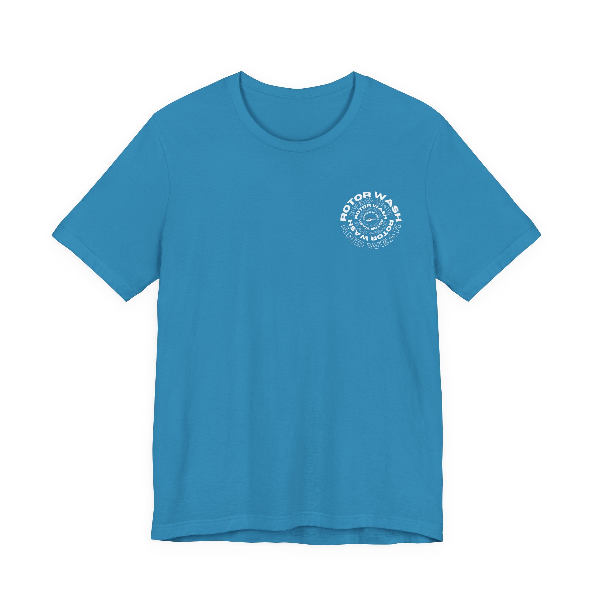 Turquoise t-shirt with 'Rotor Wash and Wear' circular design text design on the left chest on a white background