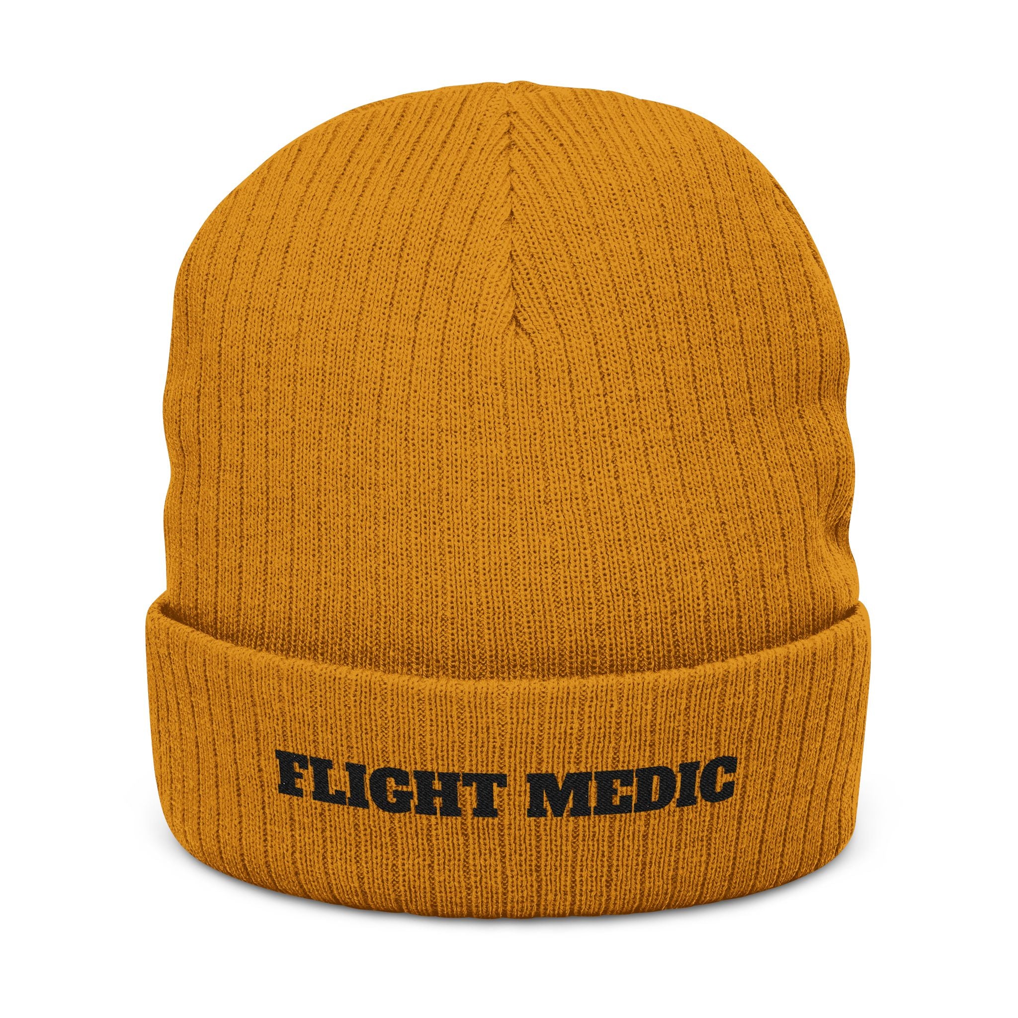 Mustard yellow beanie with 'FLIGHT MEDIC' text on a white background