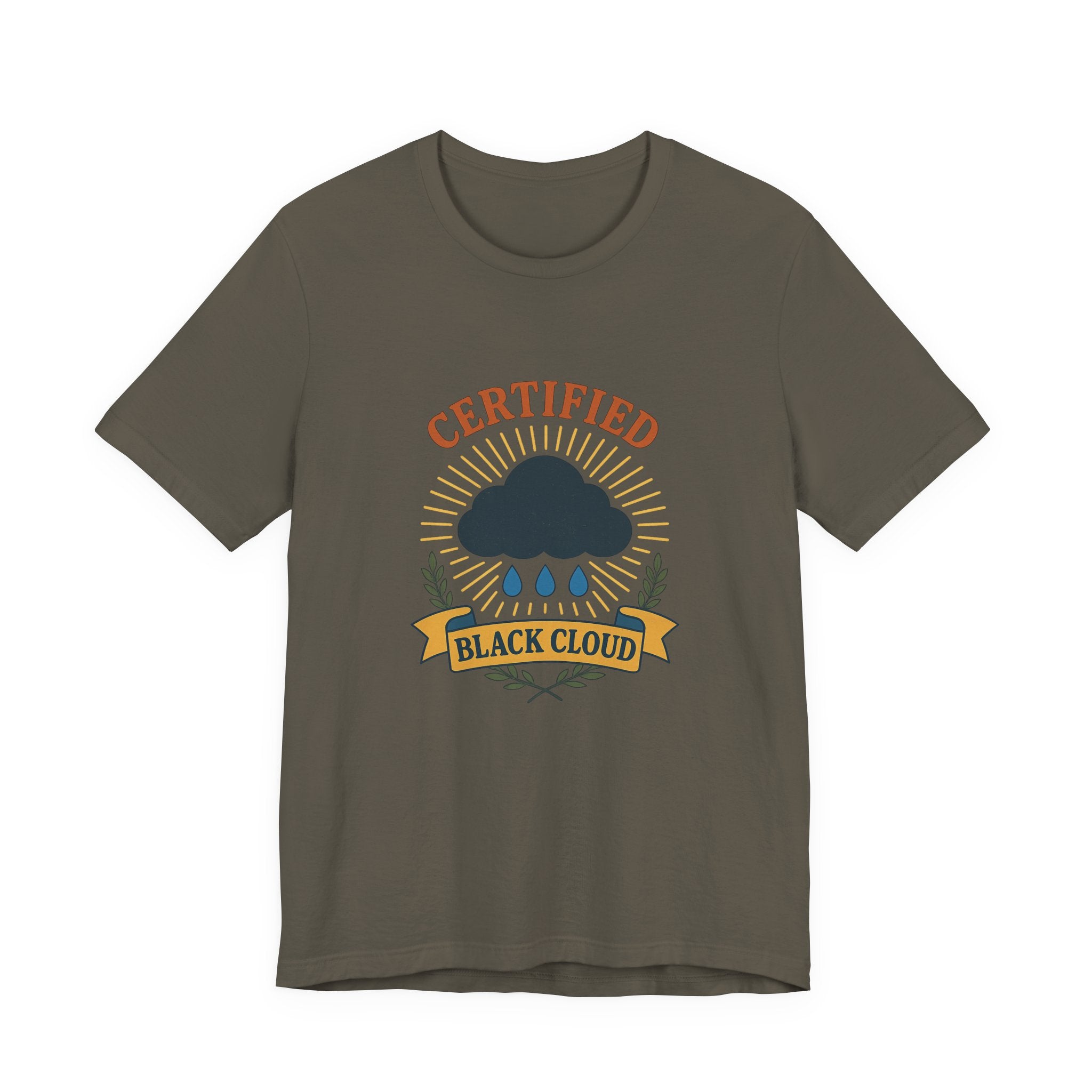 Green t-shirt with 'Certified Black Cloud' graphic design on a white background