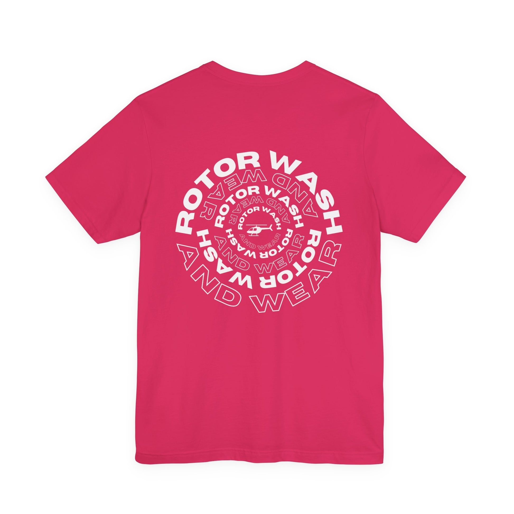 Pink t-shirt with 'Rotor Wash and Wear' circular design text design on a white background