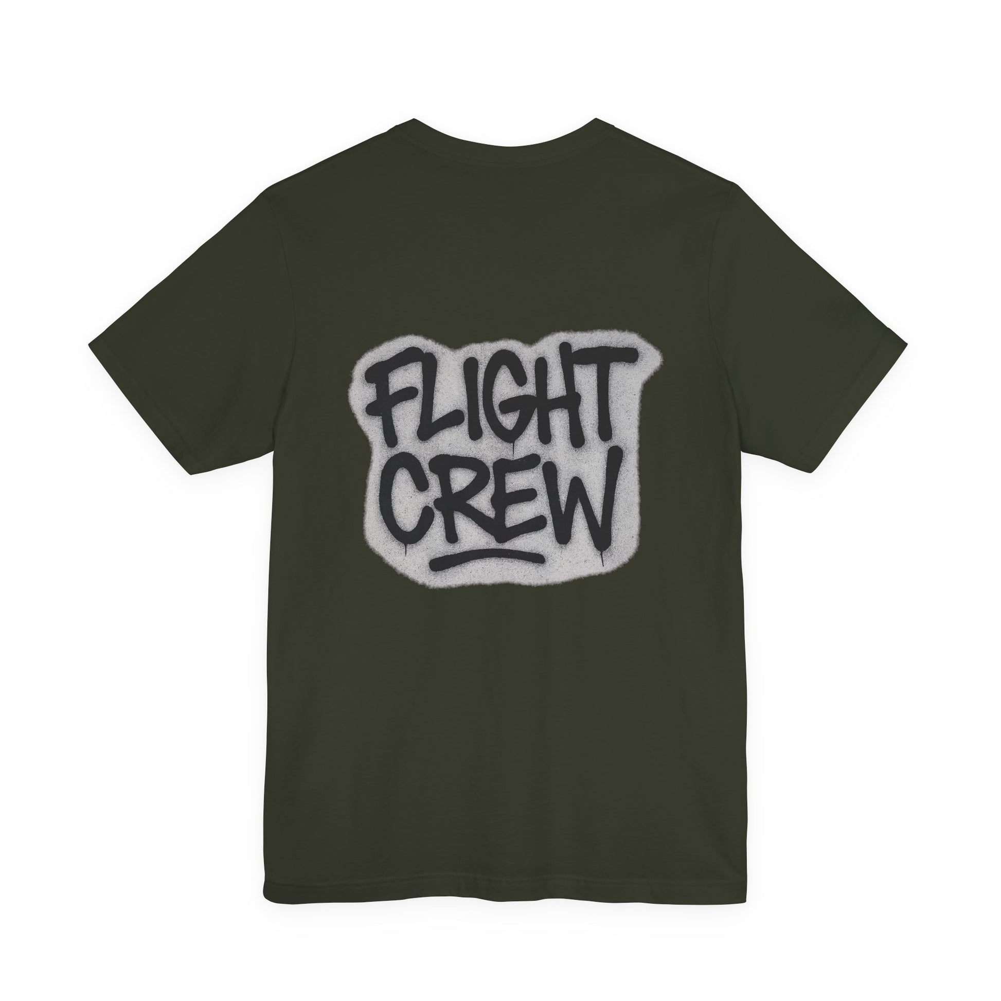 Dark olive t-shirt with graffiti style 'FLIGHT CREW' text on a white background