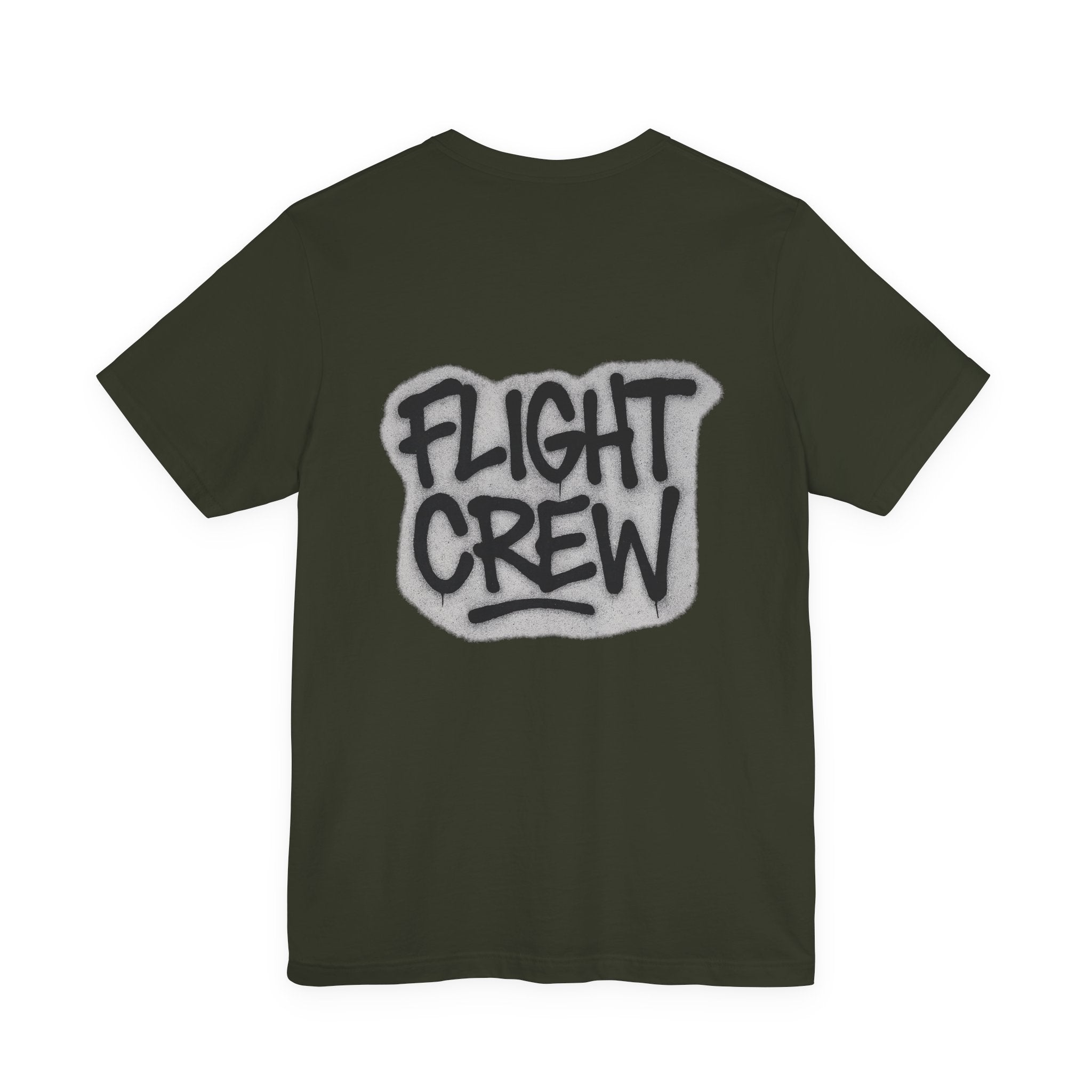 Dark olive t-shirt with graffiti style 'FLIGHT CREW' text on a white background