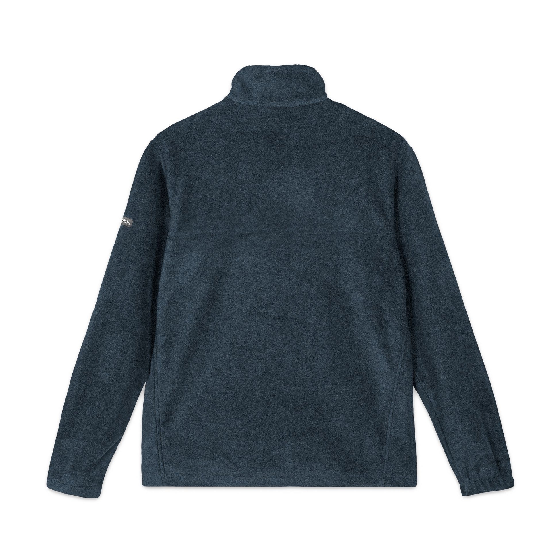 Back view of a dark blue fleece jacket on a white background