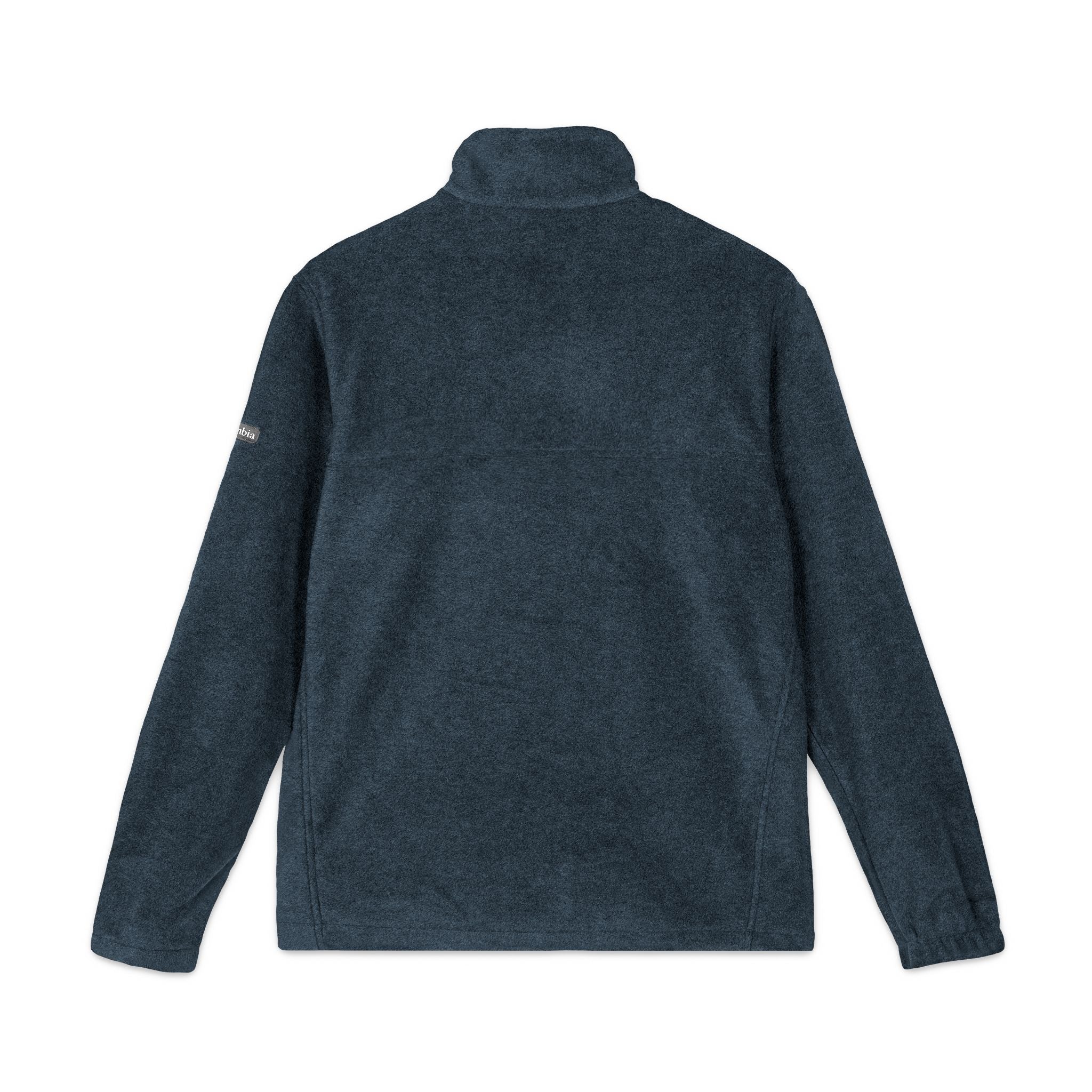 Back view of a dark blue fleece jacket on a white background
