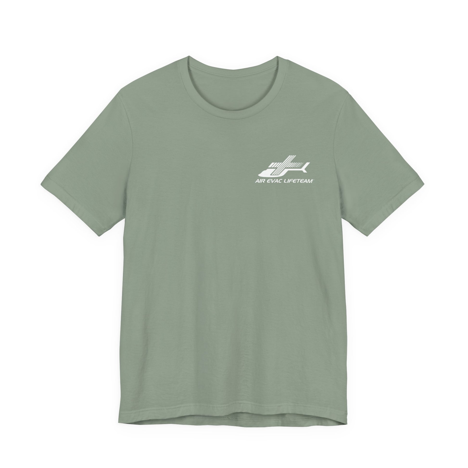 Sage green t-shirt with a white Air Evac Lifeteam logo on a white background