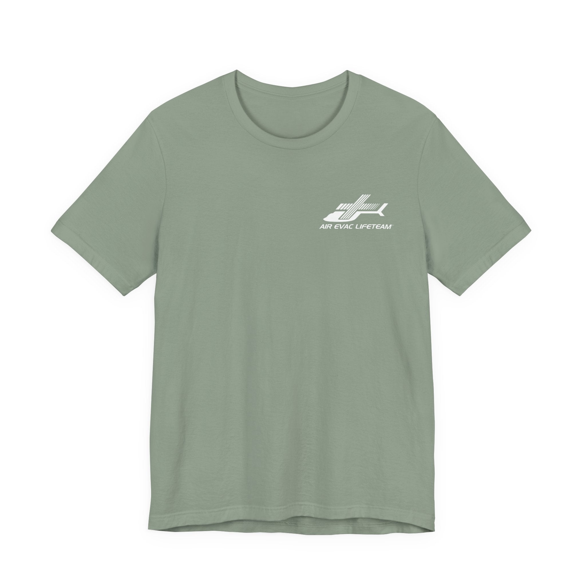 Sage green t-shirt with a white Air Evac Lifeteam logo on a white background