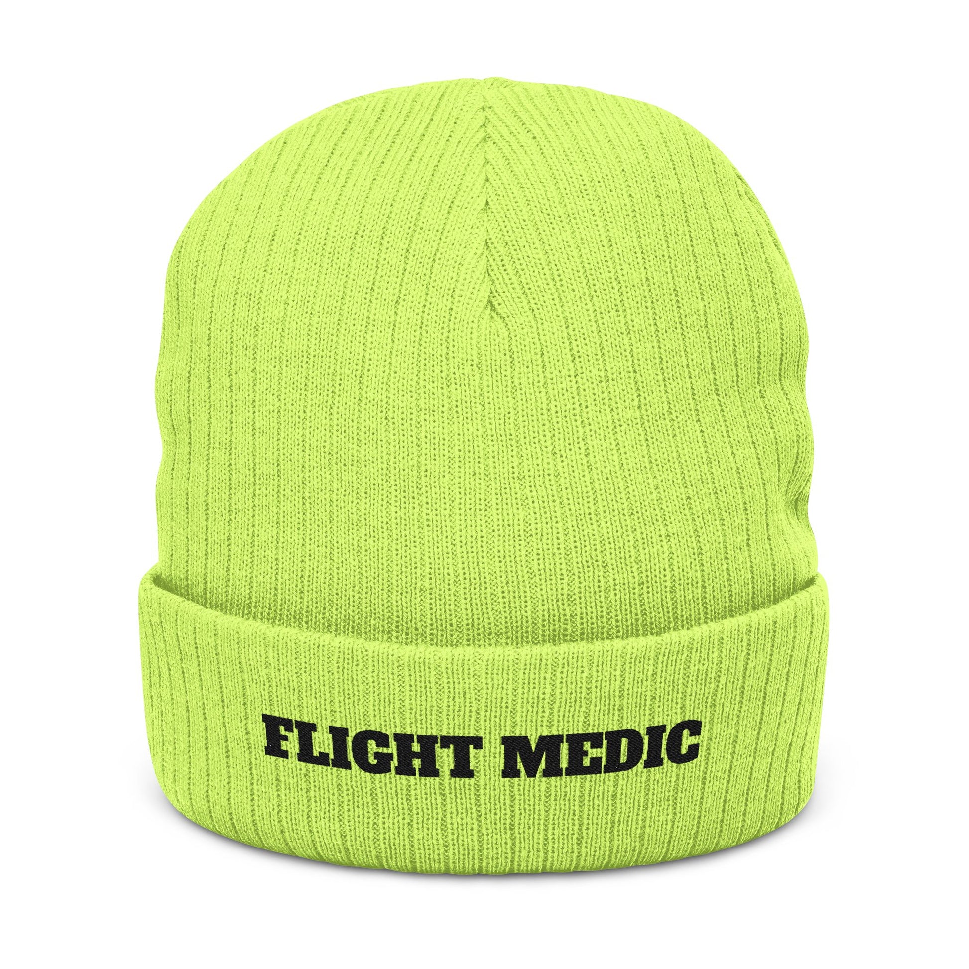Bright green beanie with 'FLIGHT MEDIC' text on a white background