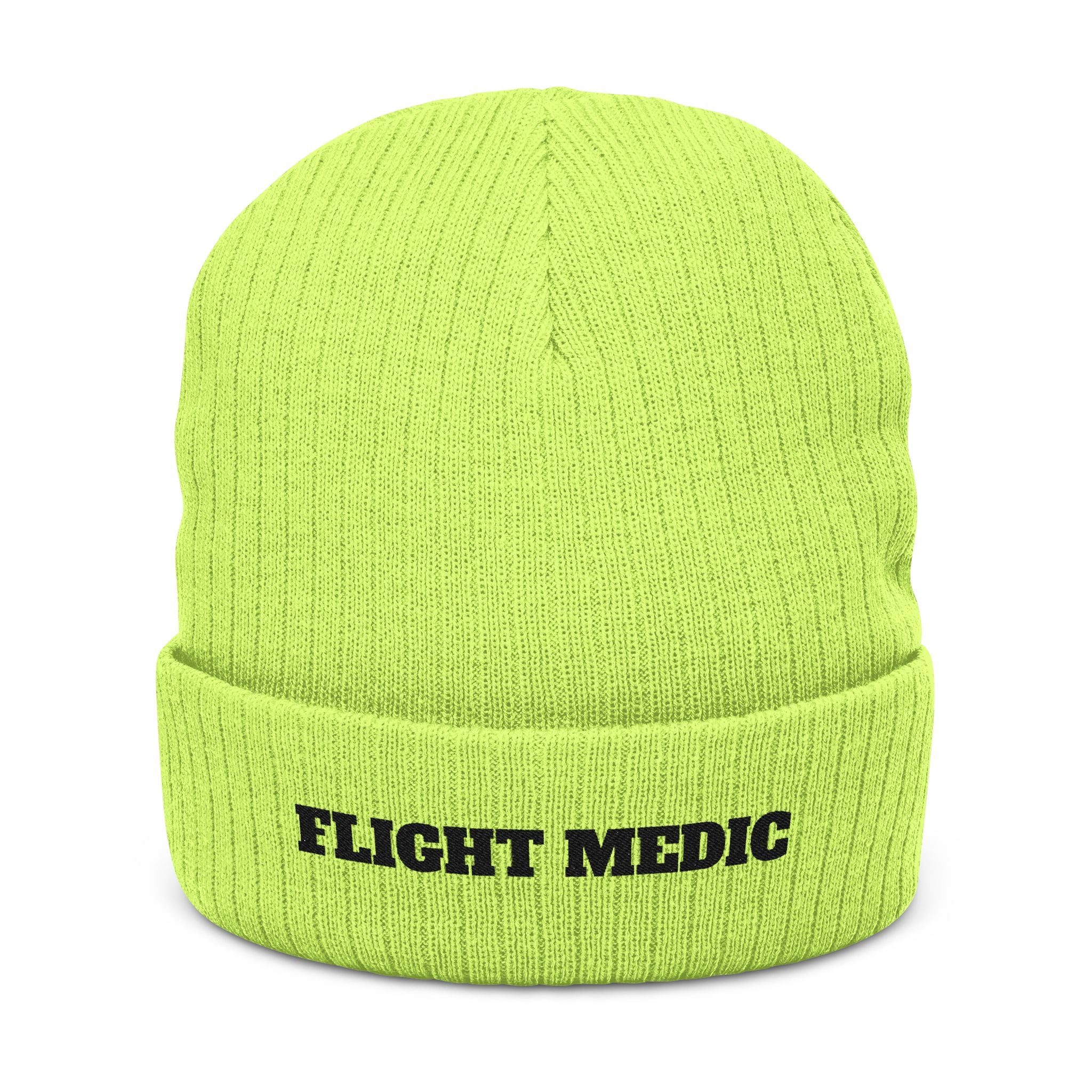 Bright green beanie with 'FLIGHT MEDIC' text on a white background