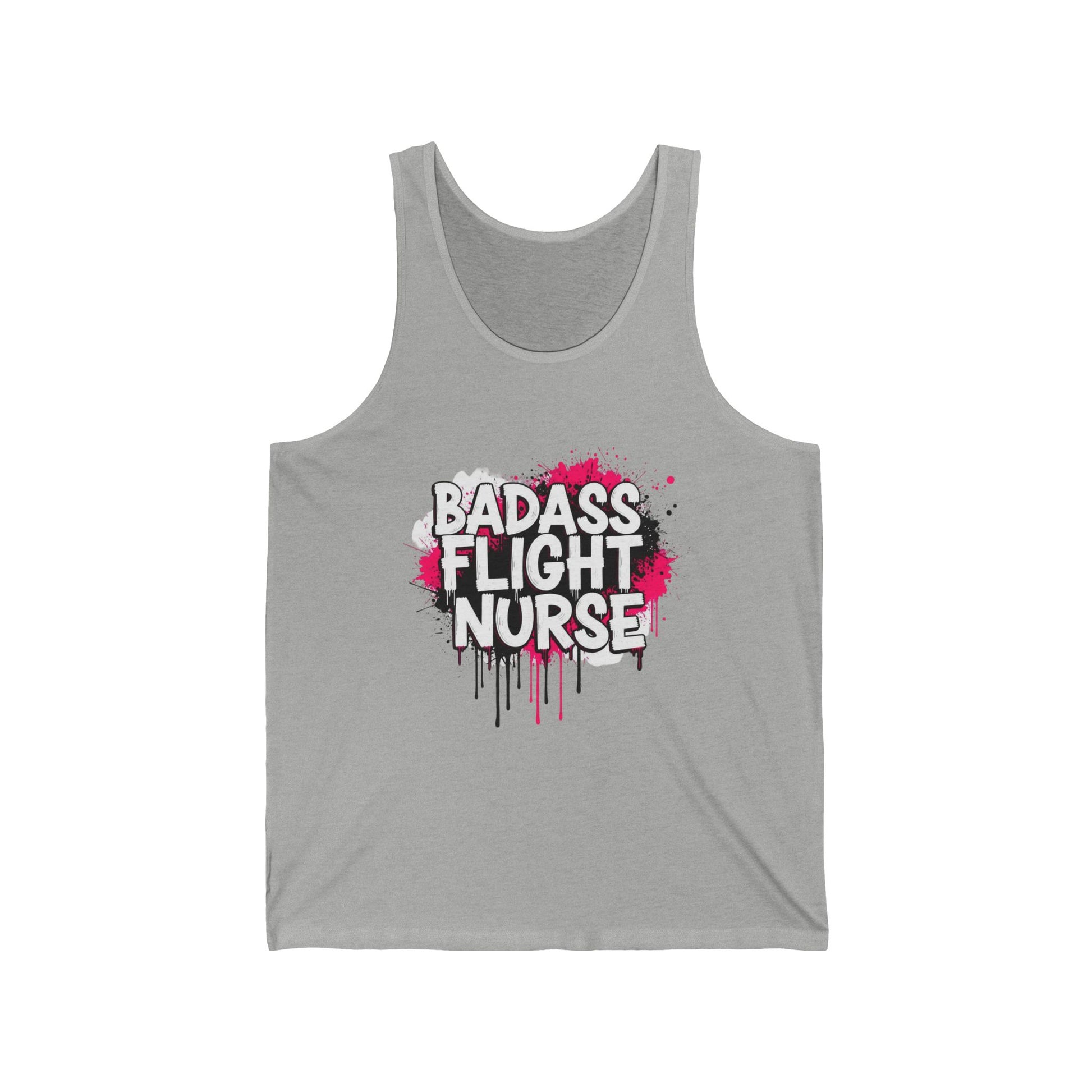 Gray tank top with 'Badass Flight Nurse' text and pink design on a white background