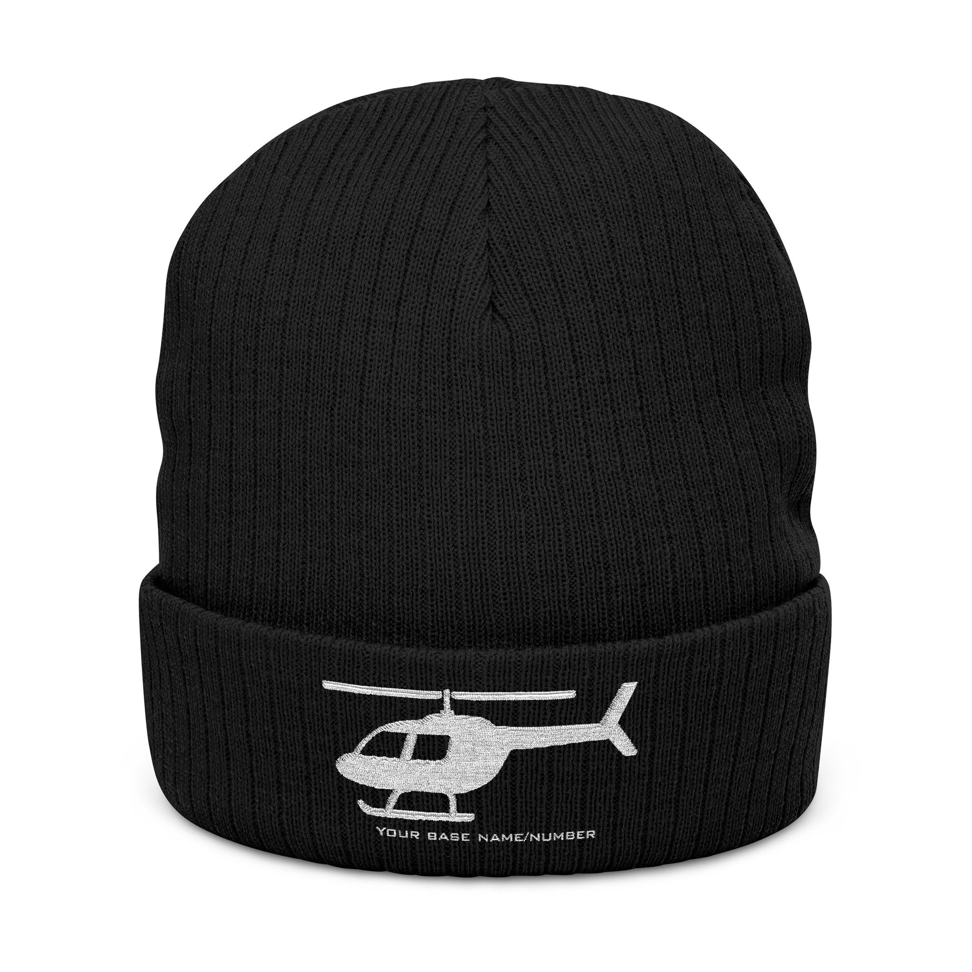 Black beanie with a helicopter logo and text on a white background