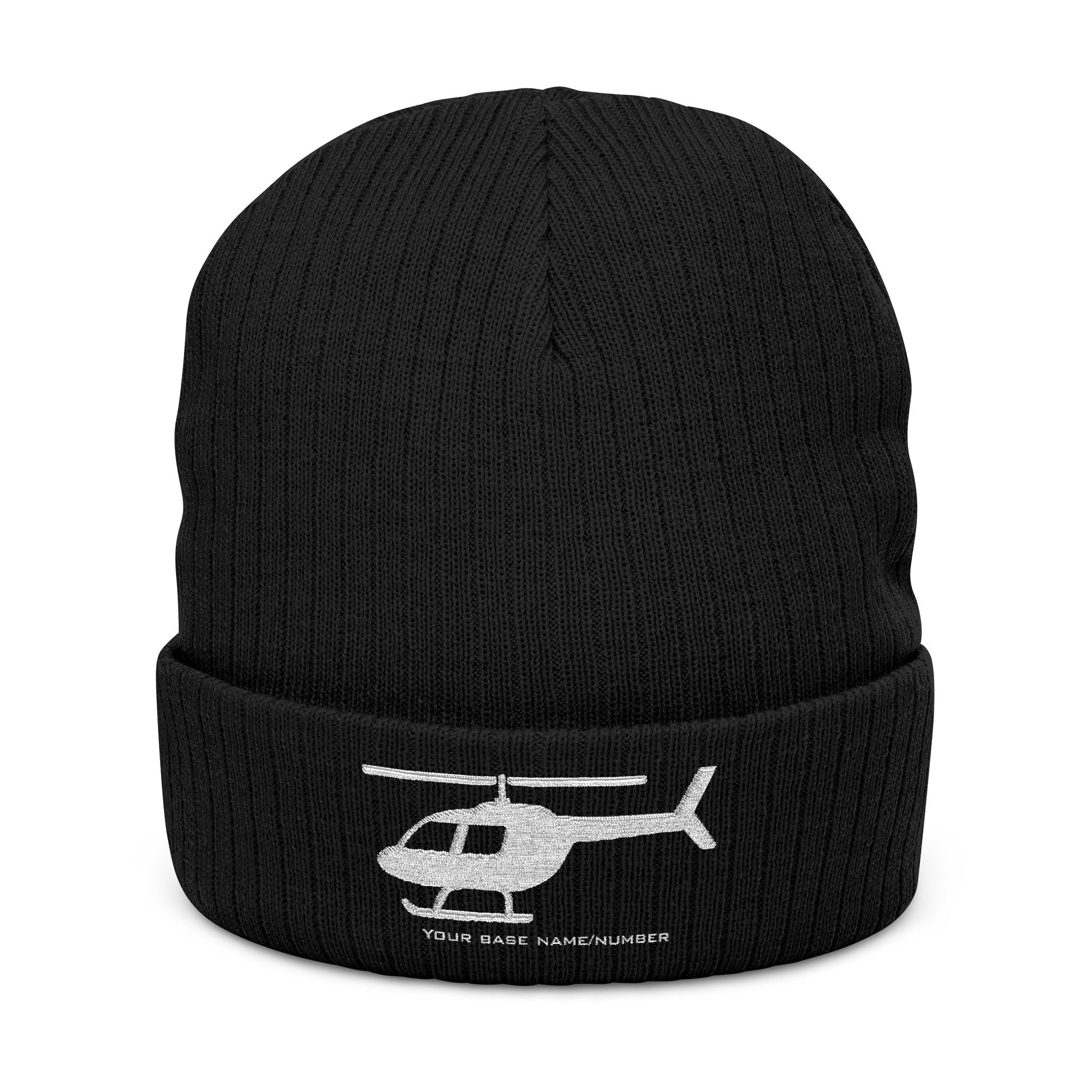 Black beanie with a helicopter logo and text on a white background