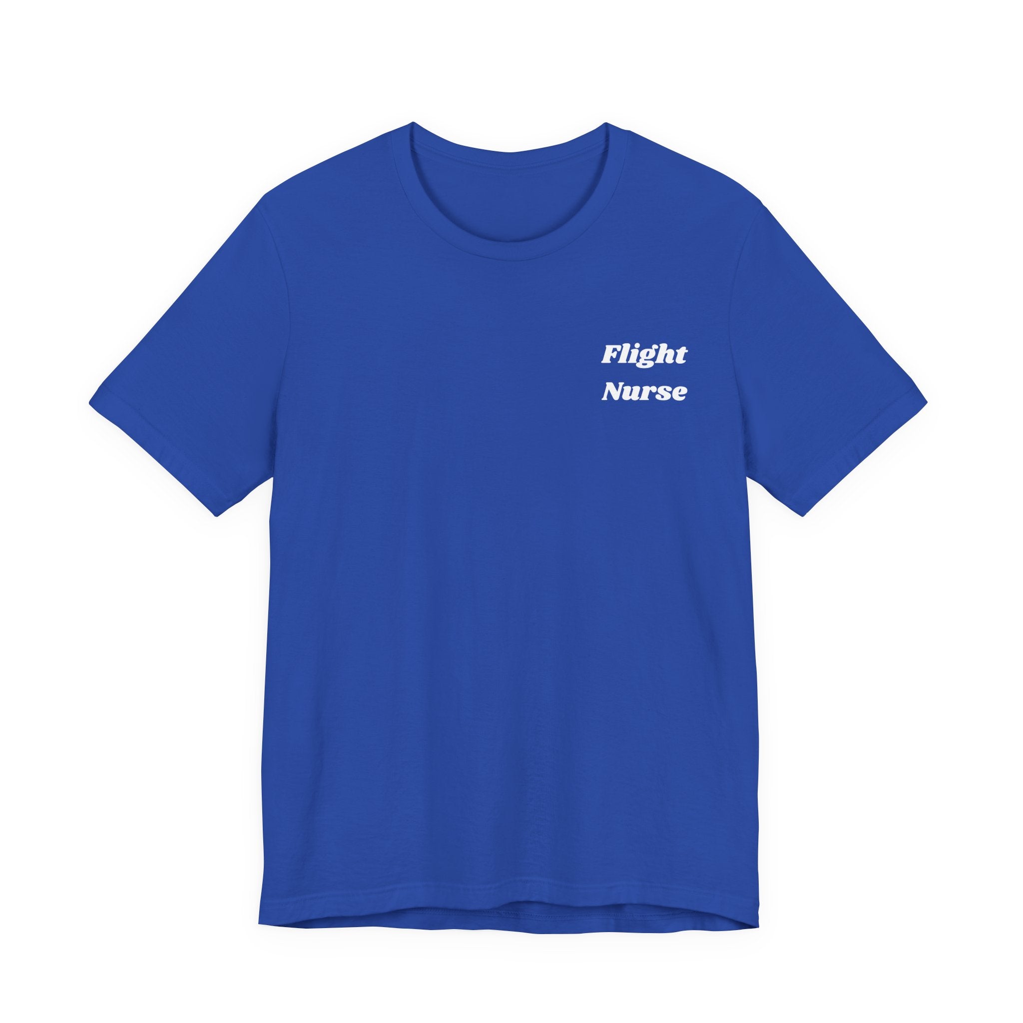 Blue t-shirt with 'Flight Nurse' text on a white background