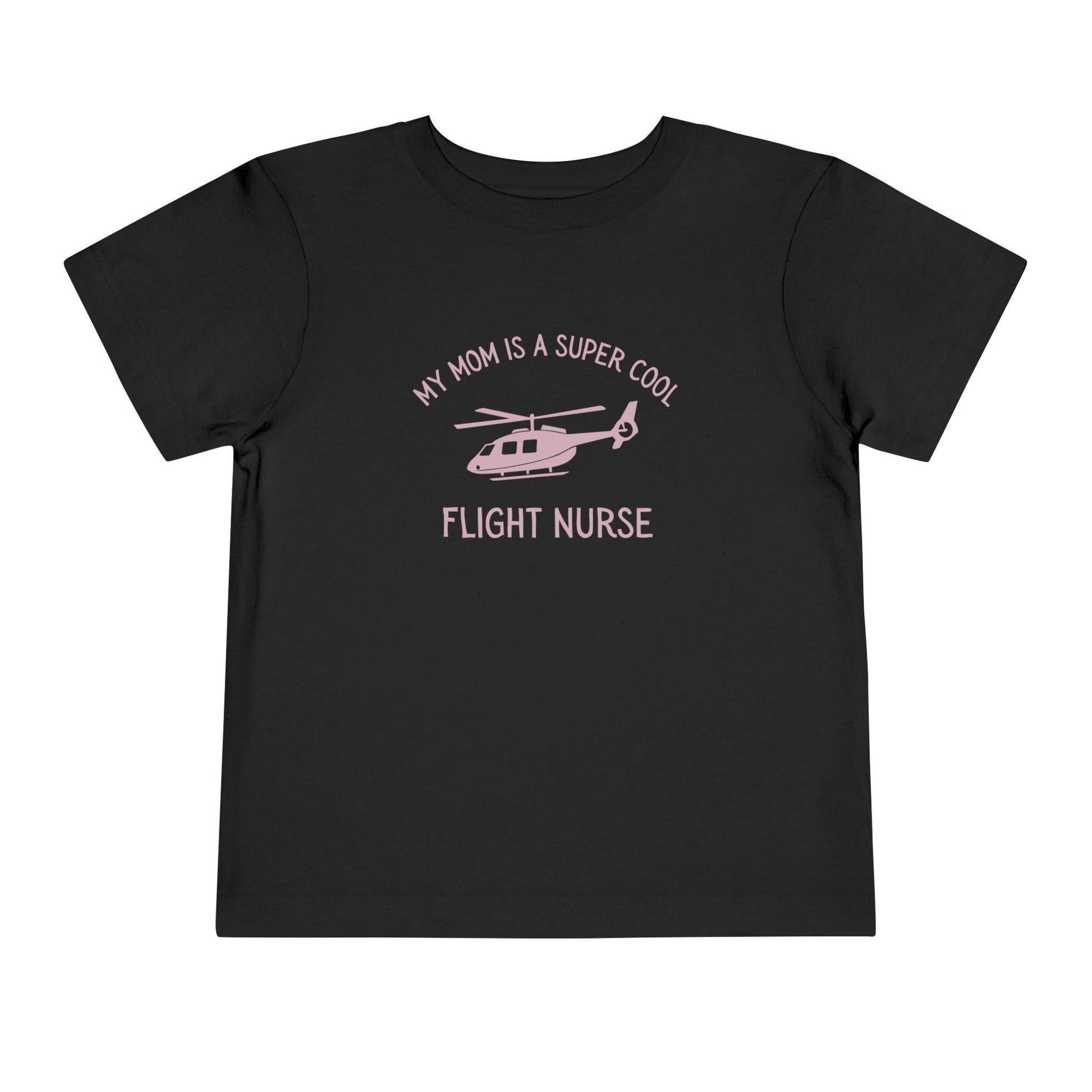 Black  toddler t-shirt with yellow text "My mom is a super cool flight nurse" and helicopter graphic by Rotor Wash & Wear