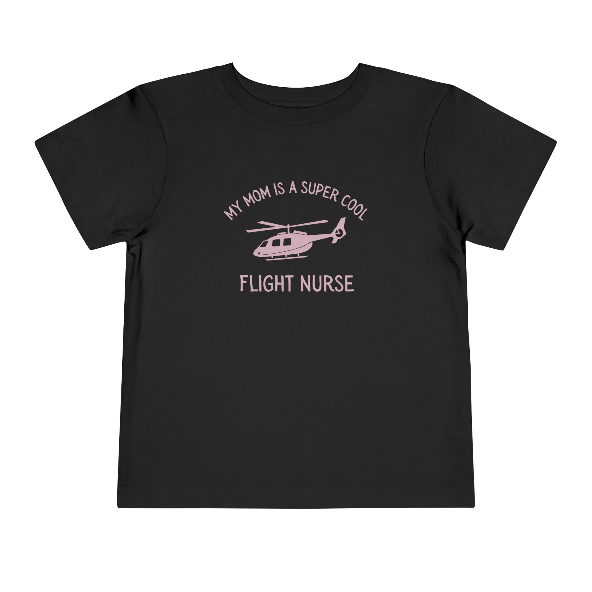 Black  toddler t-shirt with yellow text "My mom is a super cool flight nurse" and helicopter graphic by Rotor Wash & Wear