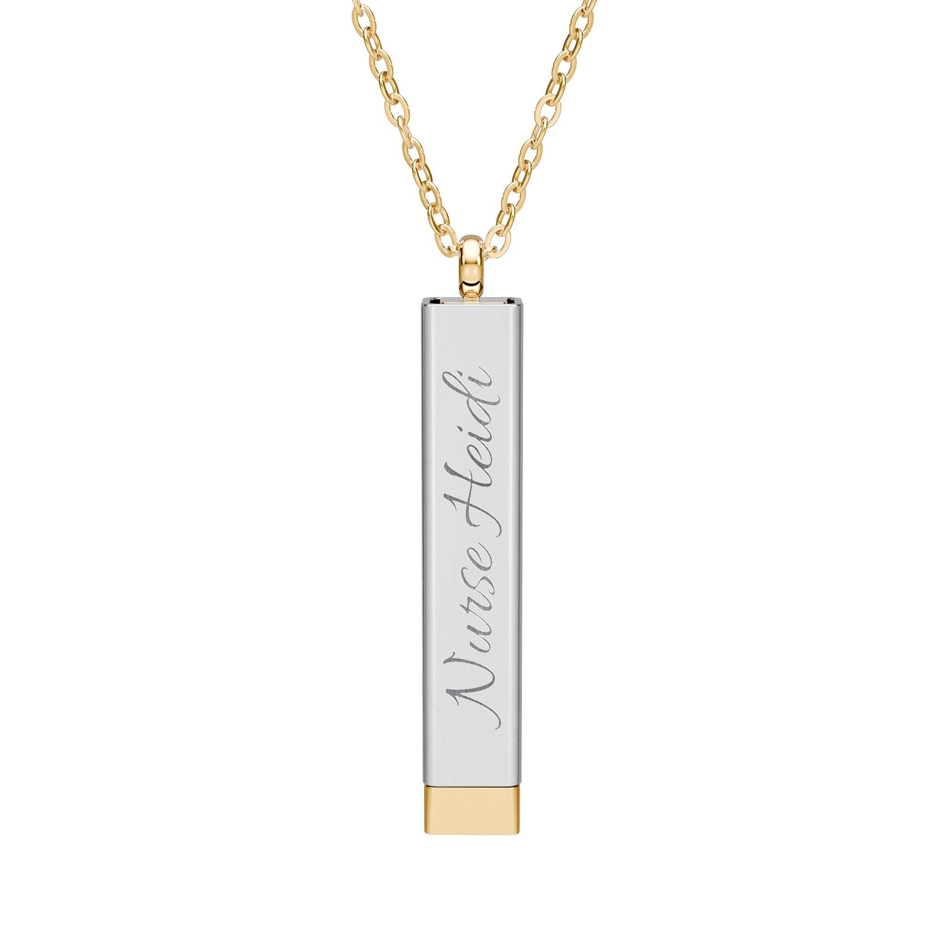 Silver and gold two-toned necklace with a cylindrical pendant customizable outer and hidden interior engraving by Rotor Wash & Wear