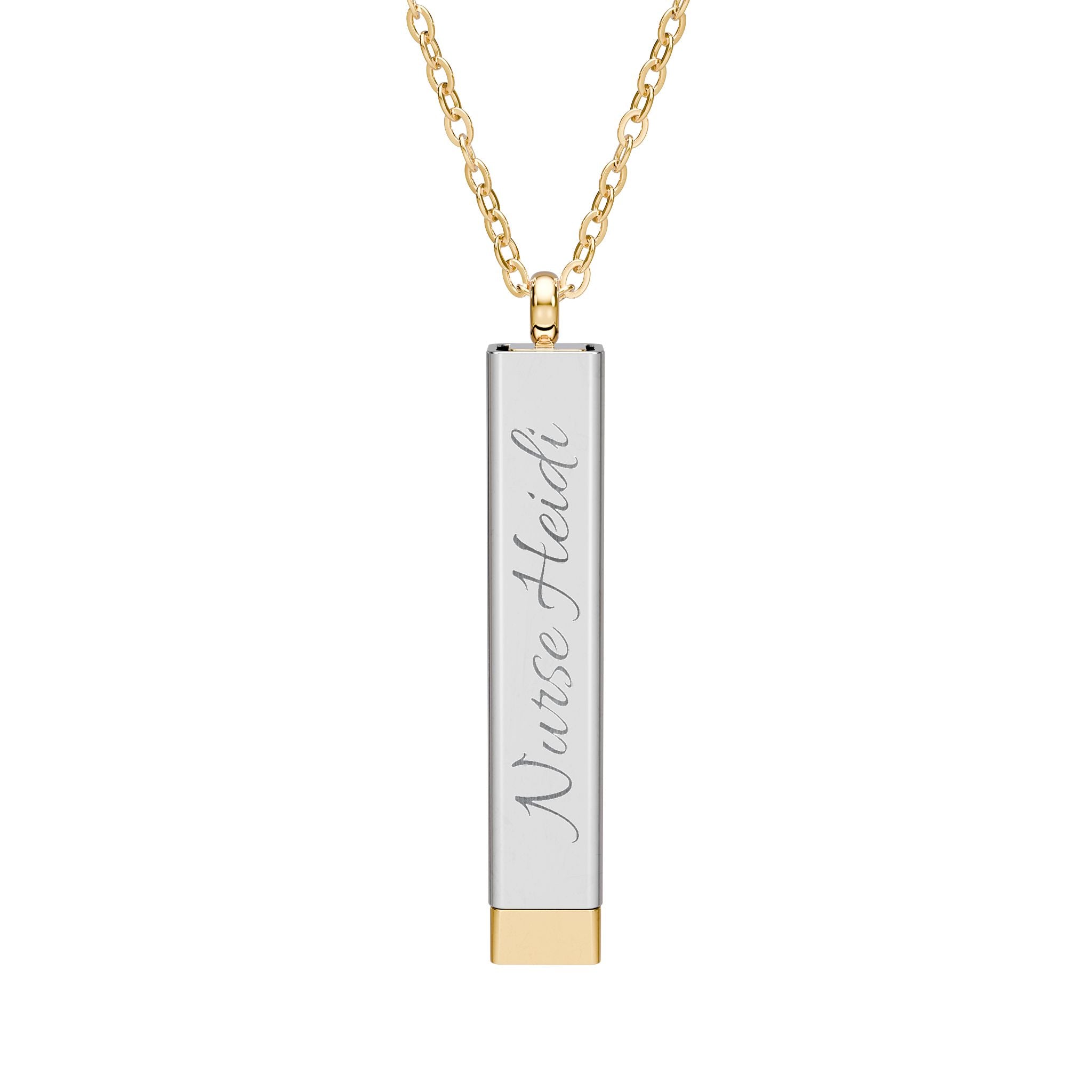 Silver and gold two-toned necklace with a cylindrical pendant customizable outer and hidden interior engraving by Rotor Wash & Wear