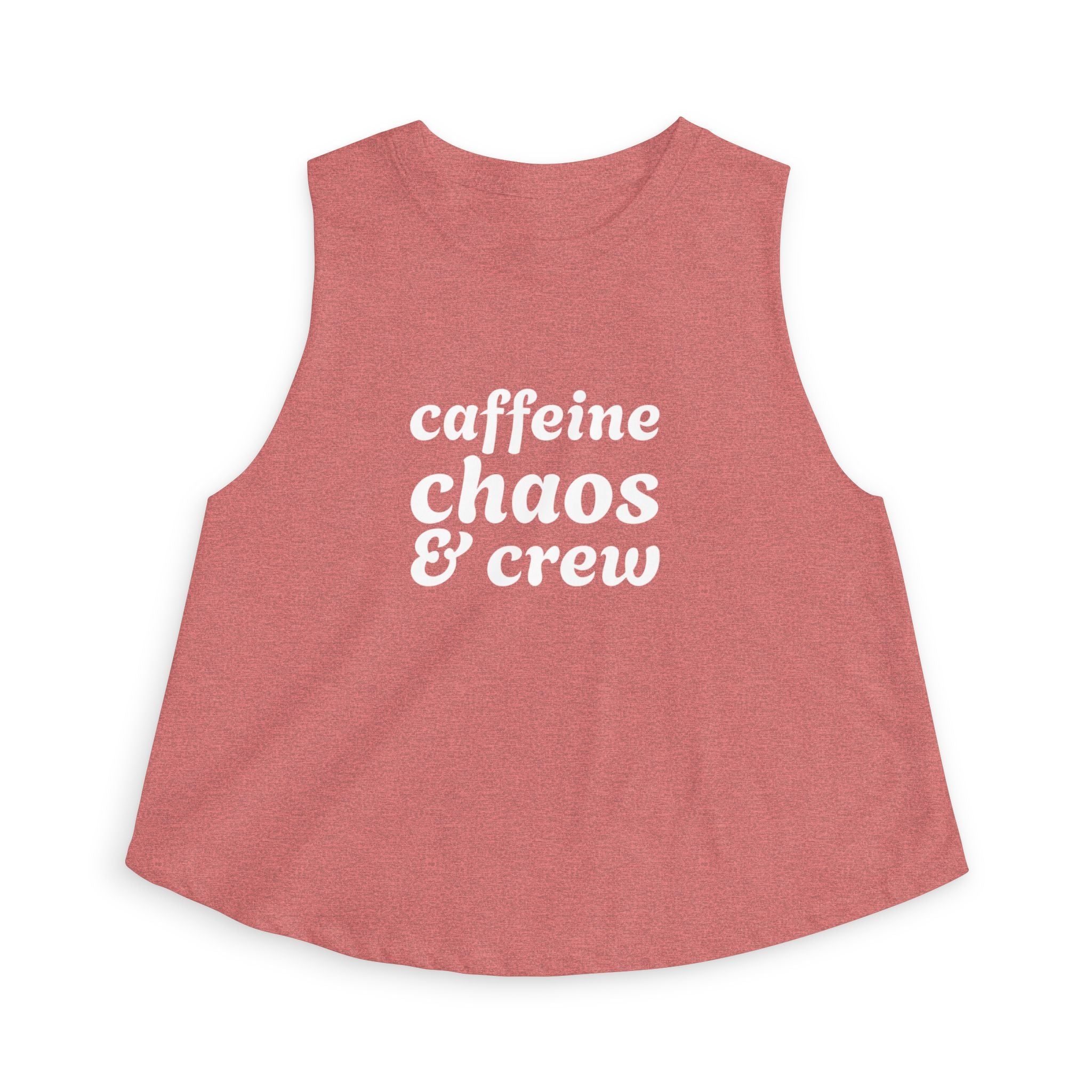 Pink sleeveless shirt with 'caffeine chaos & crew' text by Rotor Wash & Wear