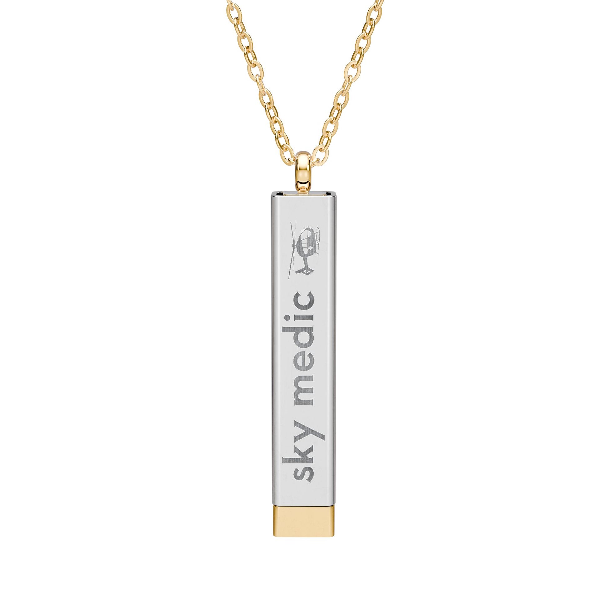 Silver and gold two-toned necklace with a cylindrical pendant engraved with 'sky medic' with hidden interior engraving "What's your superpower?" by Rotor Wash & Wear